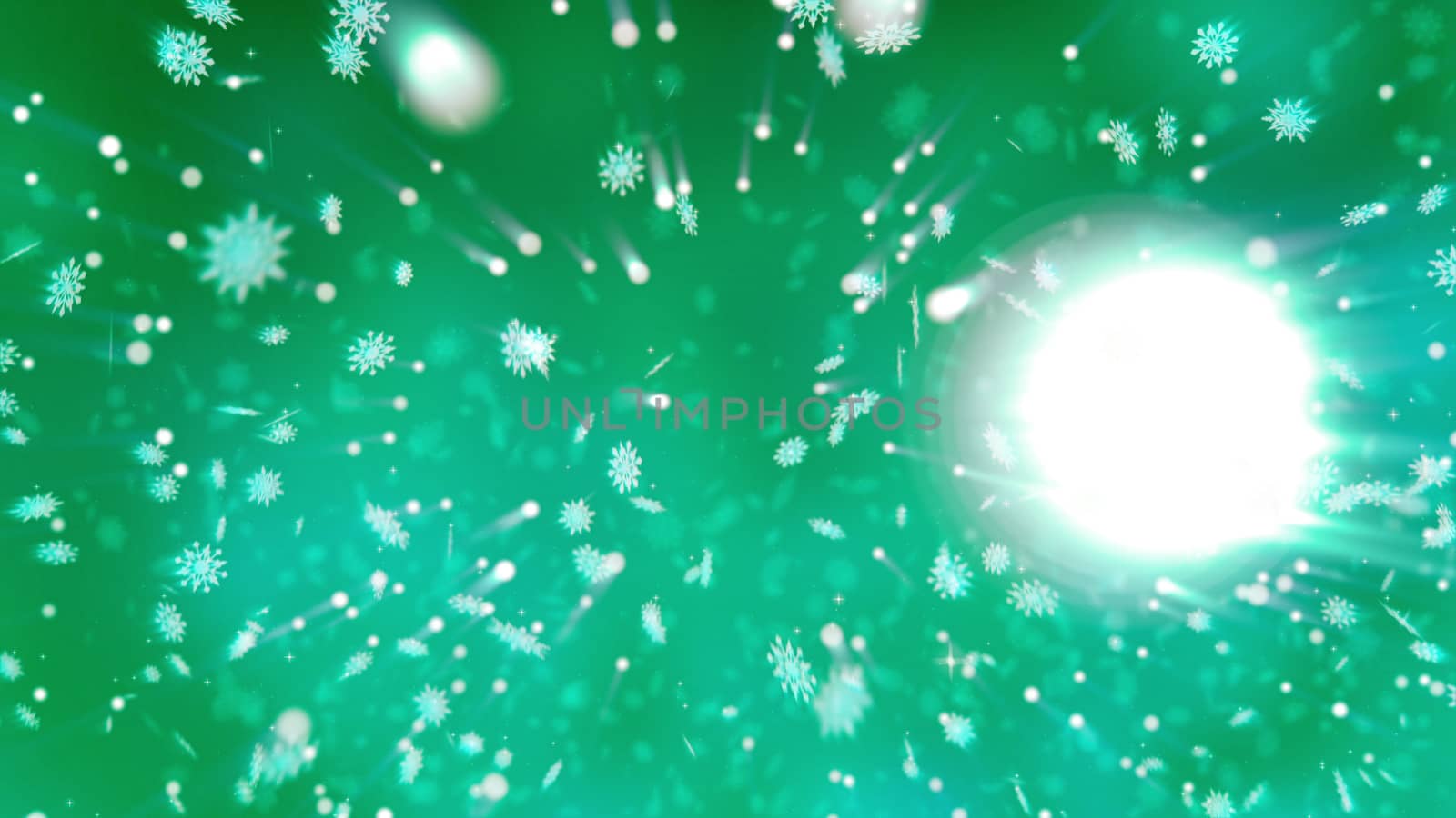 Funny 3d illustration of Christmas snowflakes sent by Santa Claus and spinning among white snowballs, and spotlights, creating a jolly mood for kids in the light turquoise background