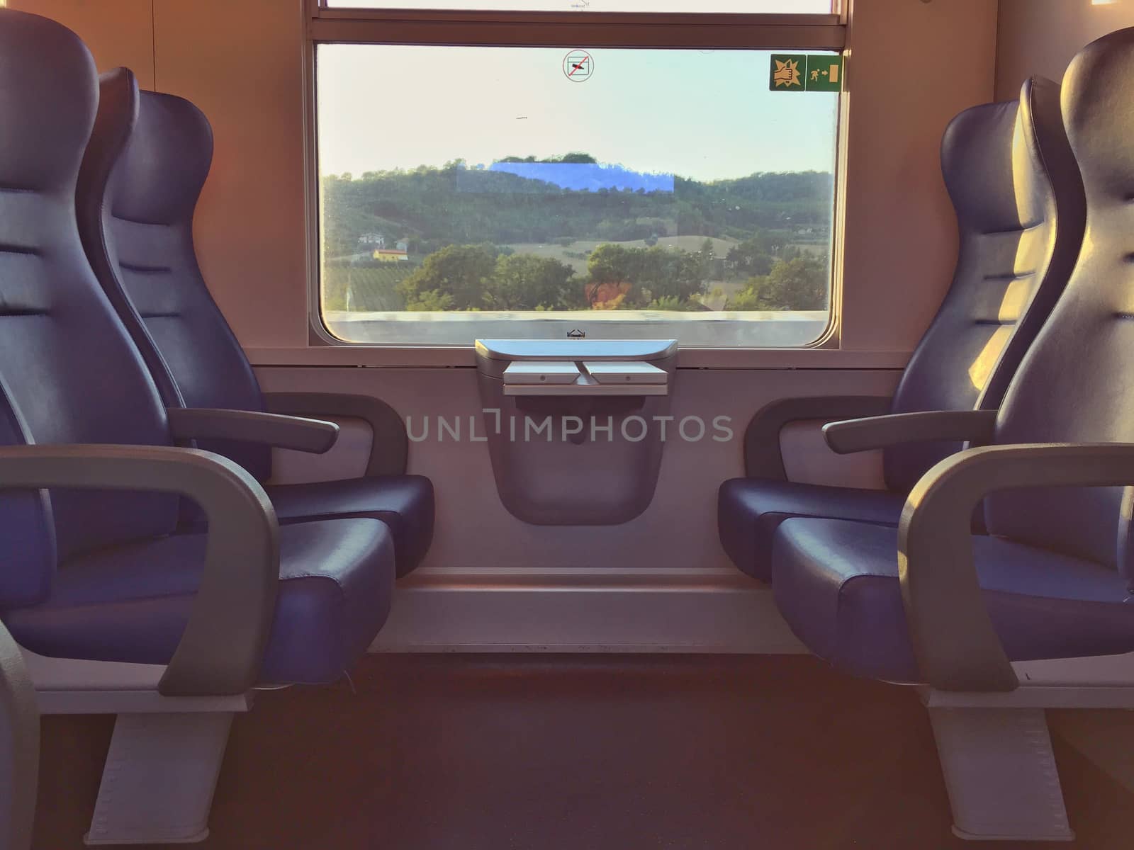 Empty seats in a train moving through a countryside