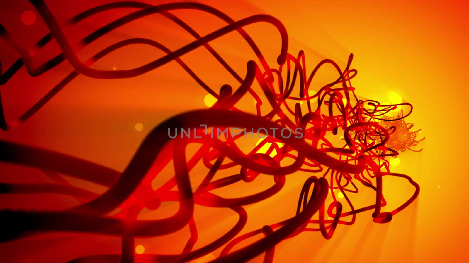 Dreamlike 3d rendering of several twisted spirals of the dark orange color with sparkling white spots. The spirals are of different forms and shapes in the light red and yellow background