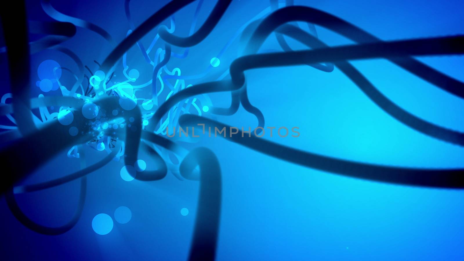 Underwater looking 3d rendering of some dot looking octopus with white thin tentacles and thick tubes  encircling it in the blue-violet background which impress with some ancient feeling. 