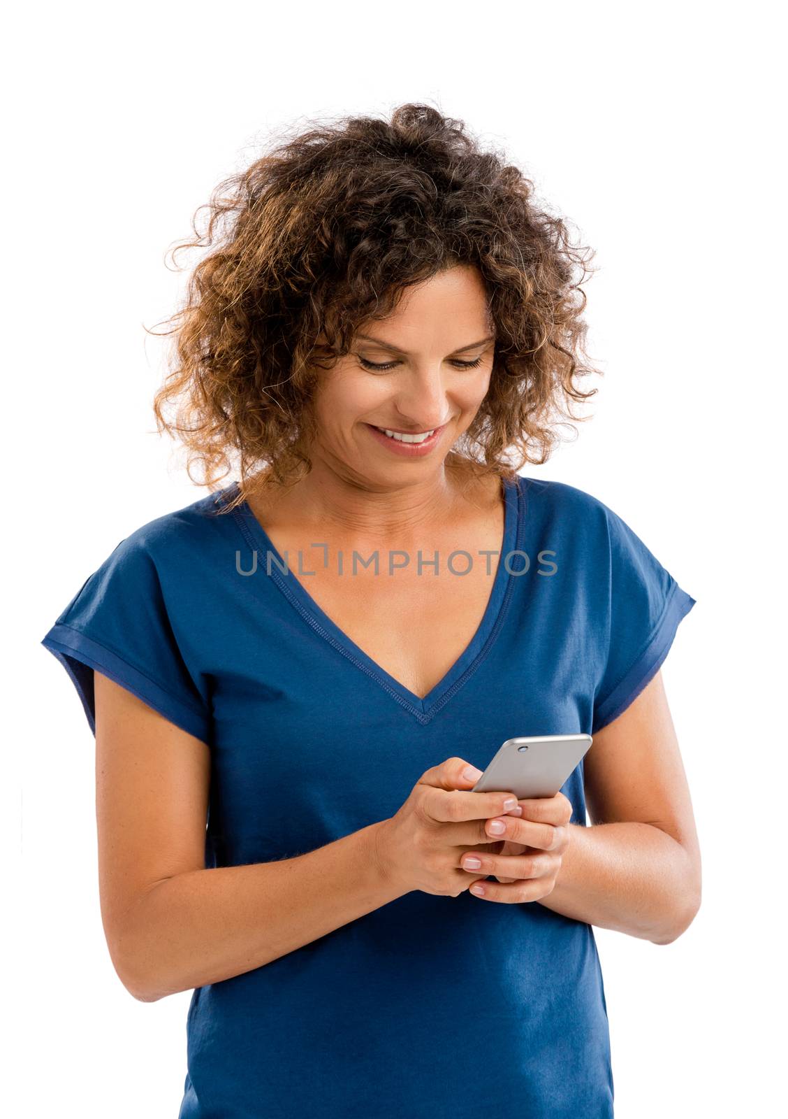 Happy woman texting by Iko