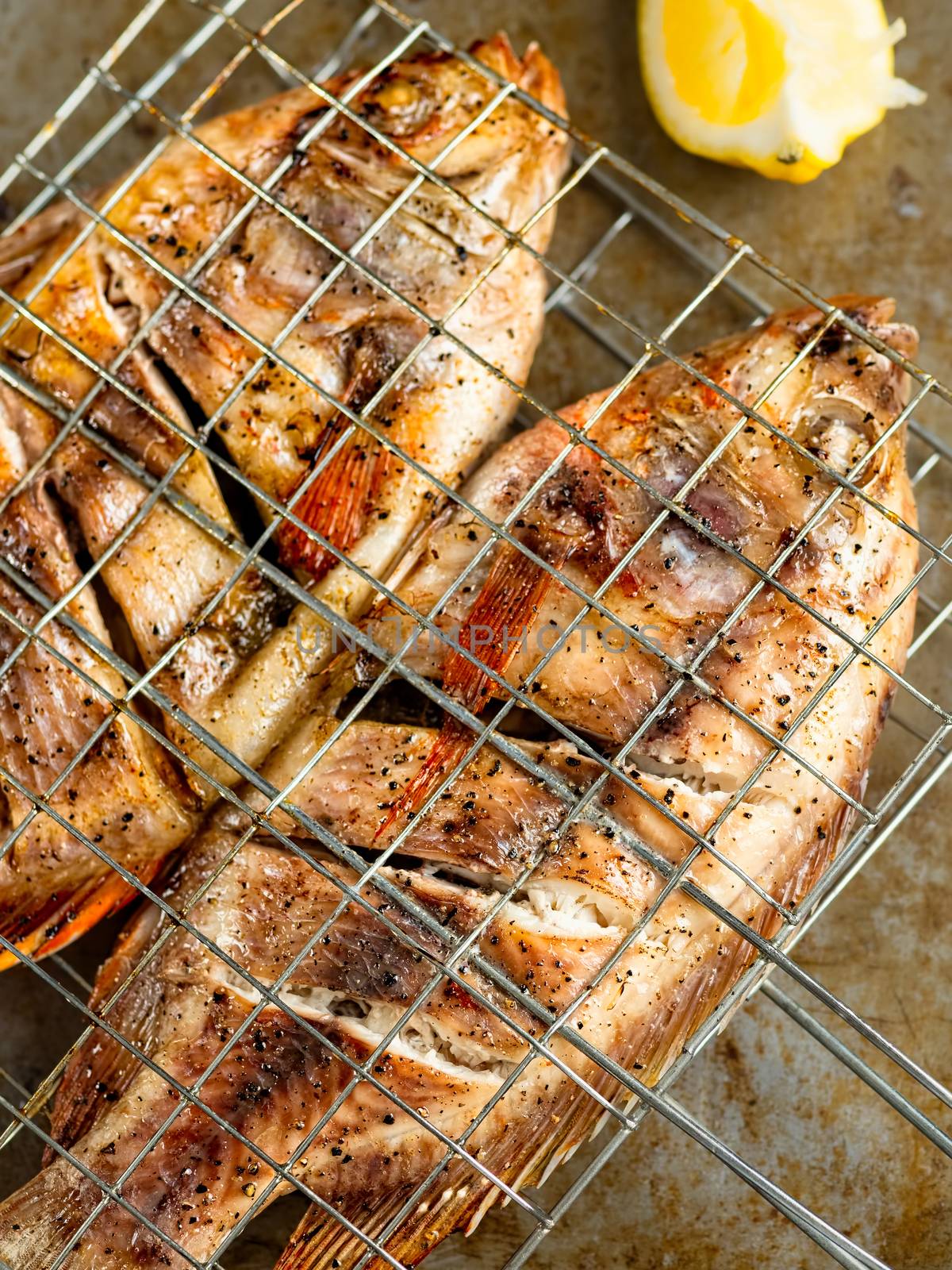 close up of rustic barbecued grilled fish