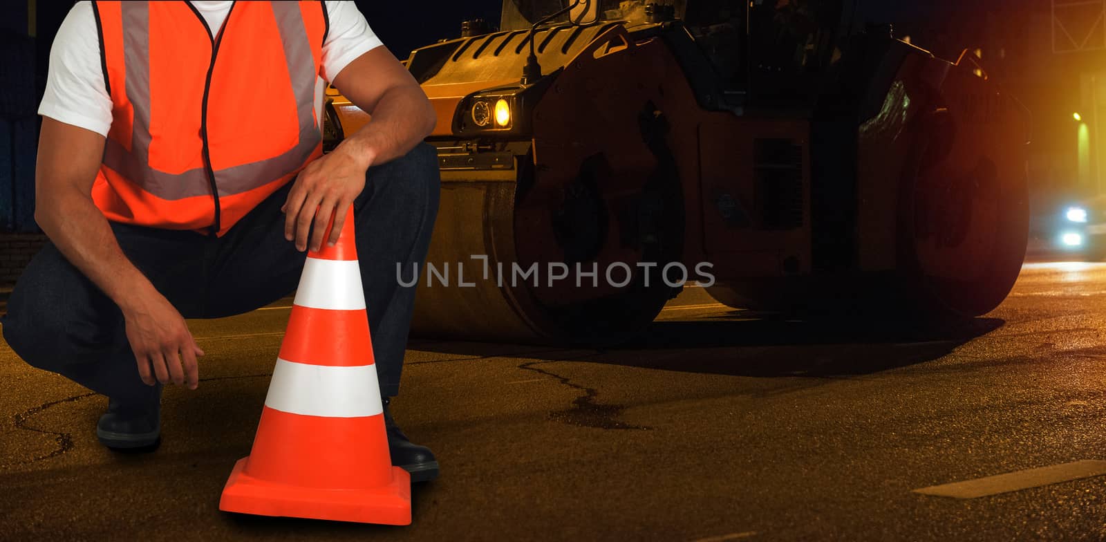 repairing the road in the night city