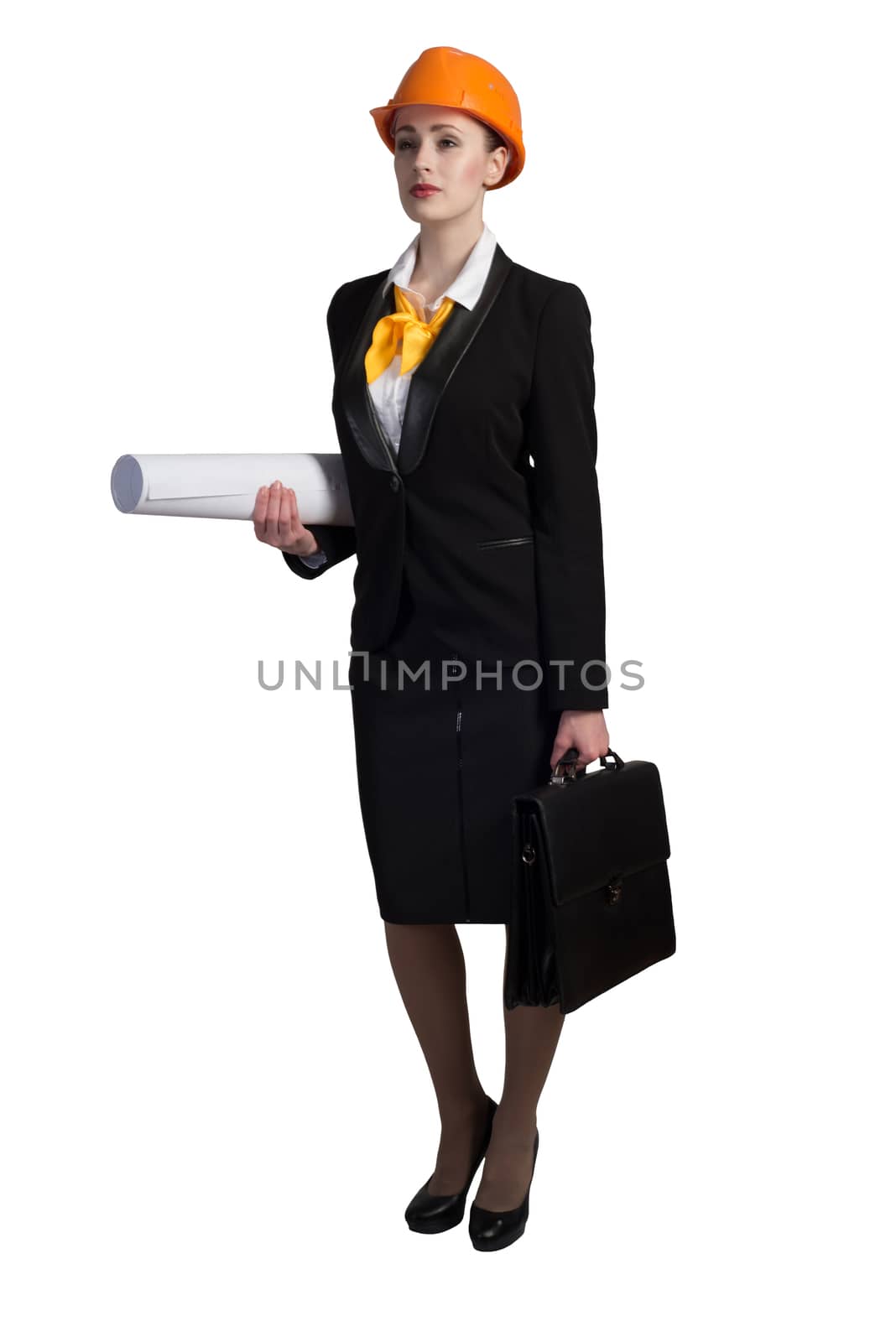 Young female engineer with suitcase in hardhat isolated on white