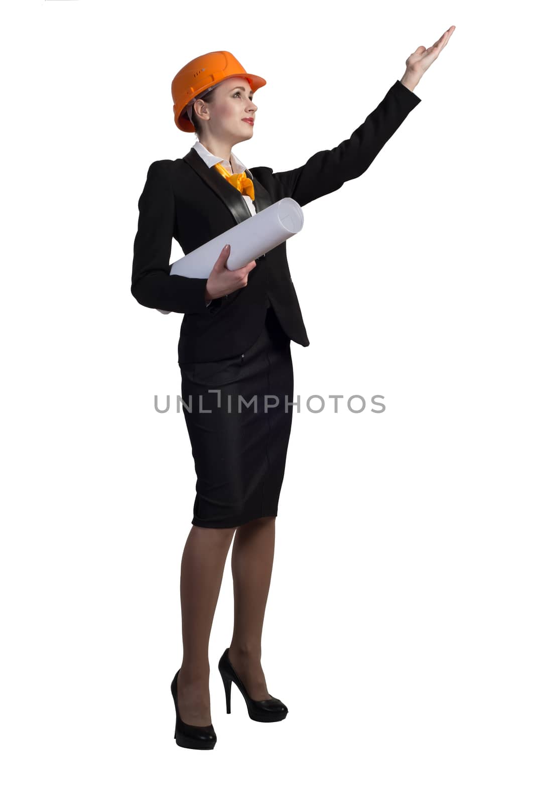 Young female engineer with suitcase in hardhat isolated on white