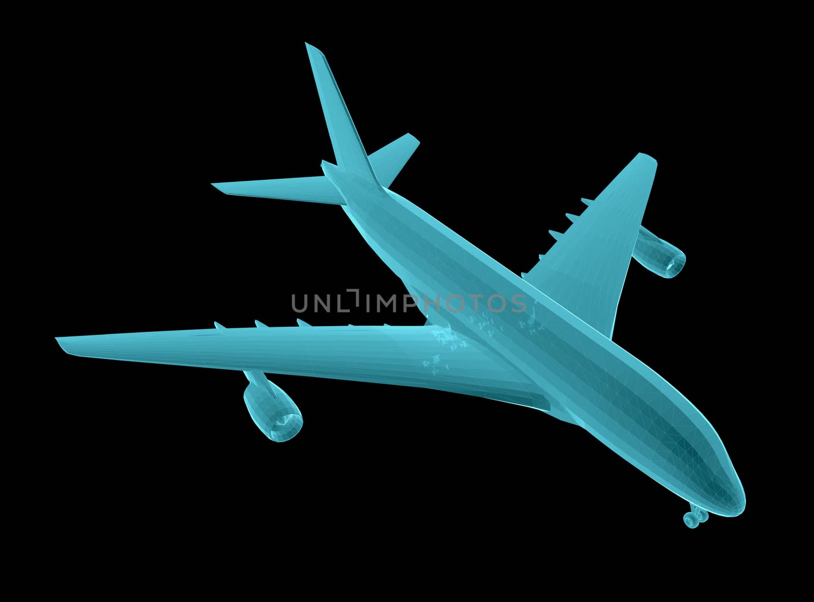 Airplane. Xray image isolated on black. 3d illustration