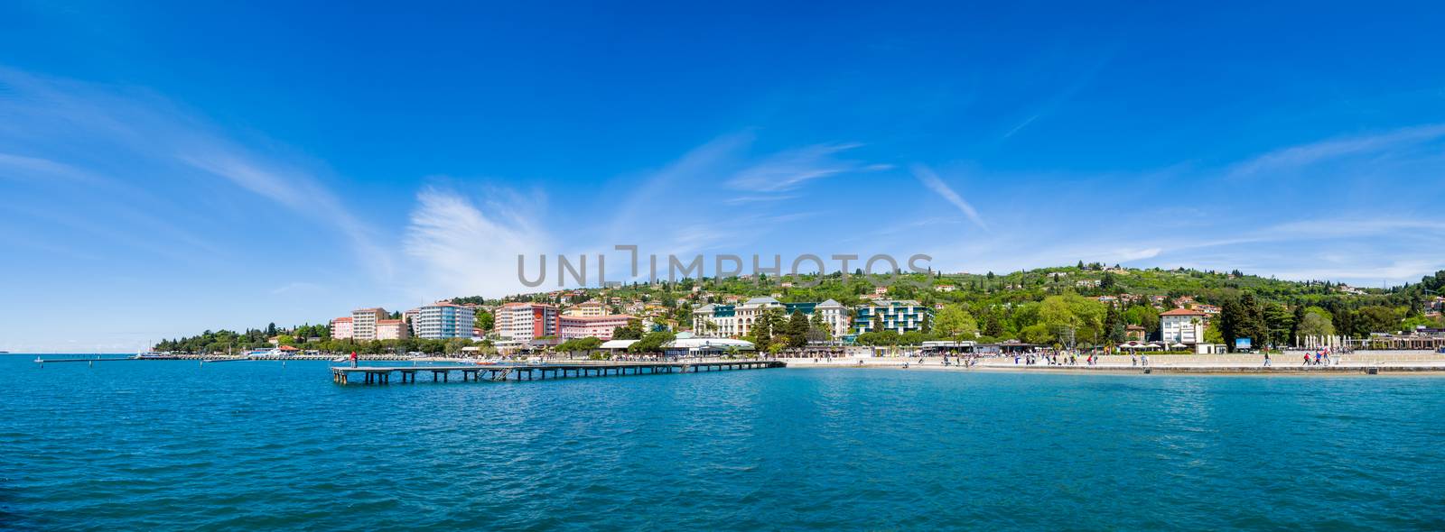 Large panorama of Portoroz beach and holiday resort, Slovenia