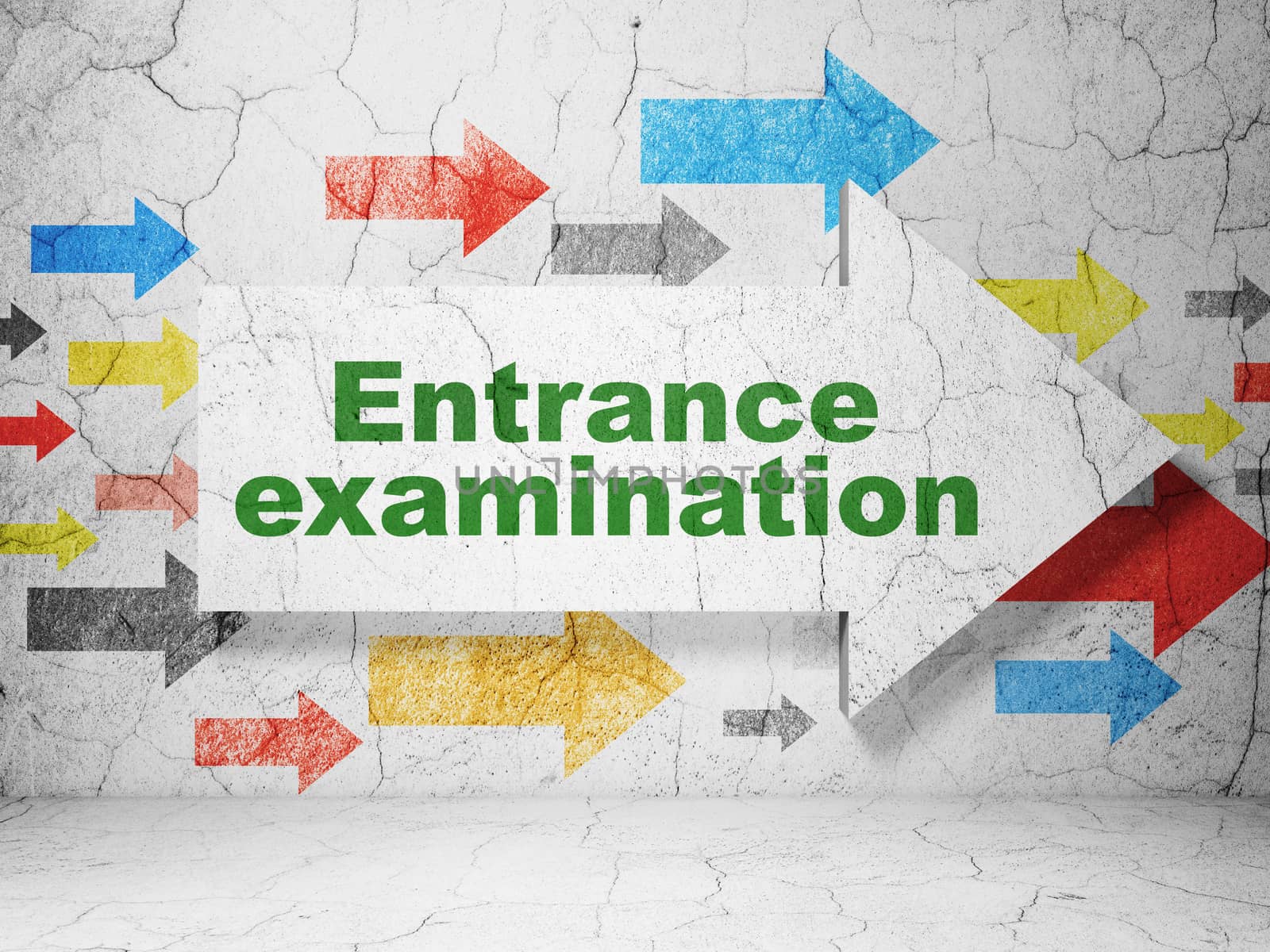 Education concept:  arrow with Entrance Examination on grunge textured concrete wall background, 3D rendering