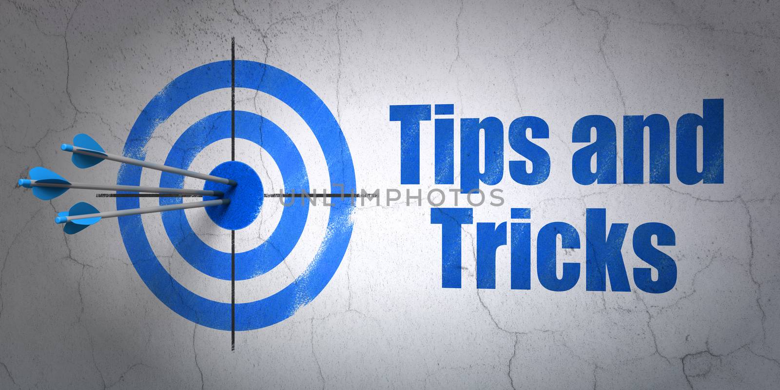 Success Education concept: arrows hitting the center of target, Blue Tips And Tricks on wall background, 3D rendering