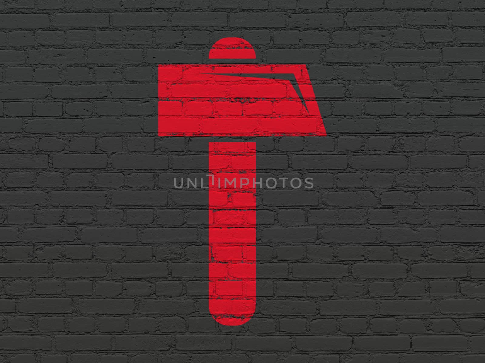 Constructing concept: Painted red Hammer icon on Black Brick wall background