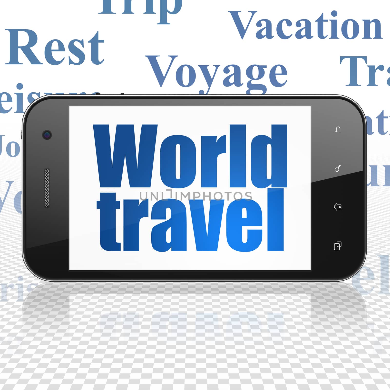 Vacation concept: Smartphone with World Travel on display by maxkabakov