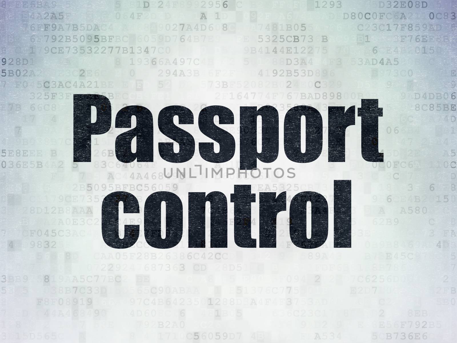 Travel concept: Painted black word Passport Control on Digital Data Paper background