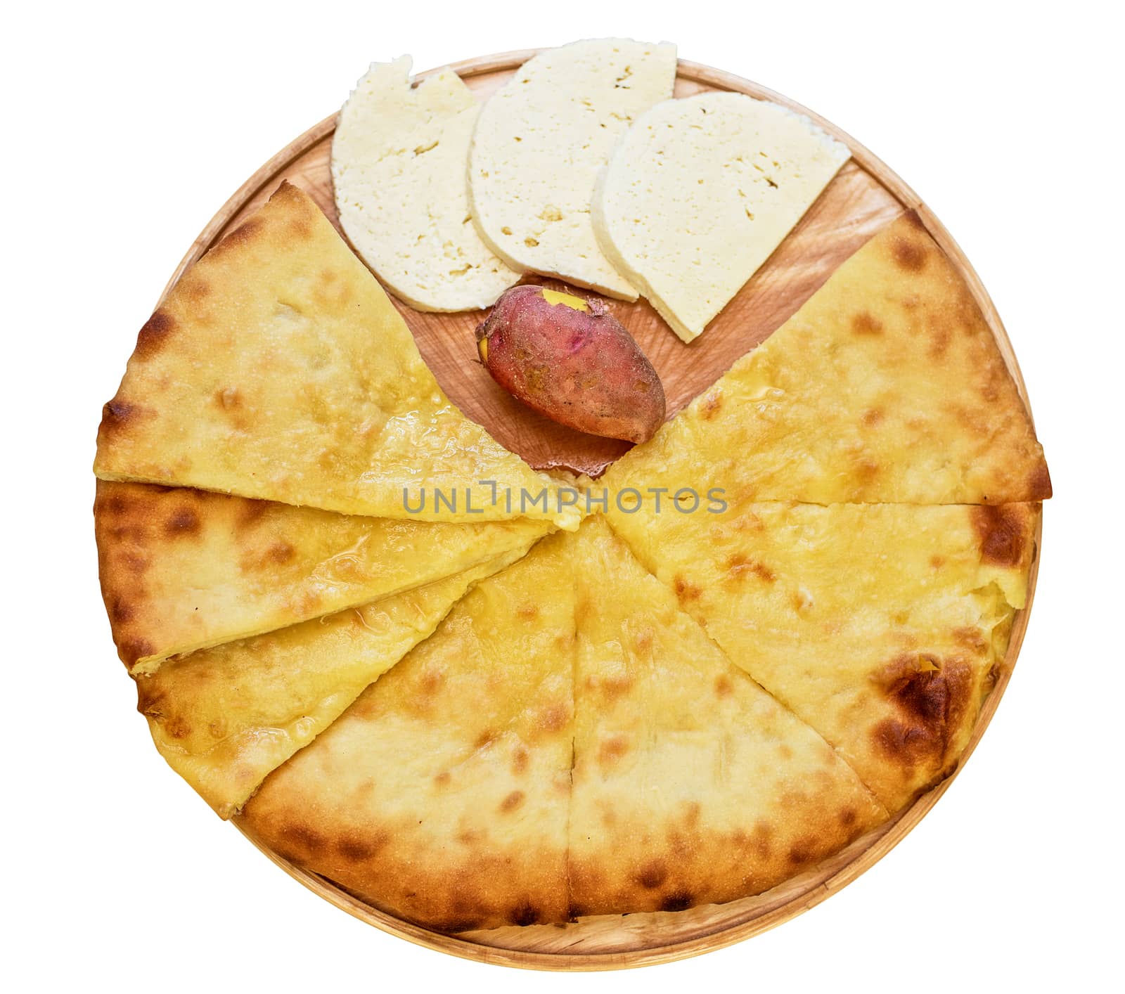 ossetian pie with potato and cheese on a white background