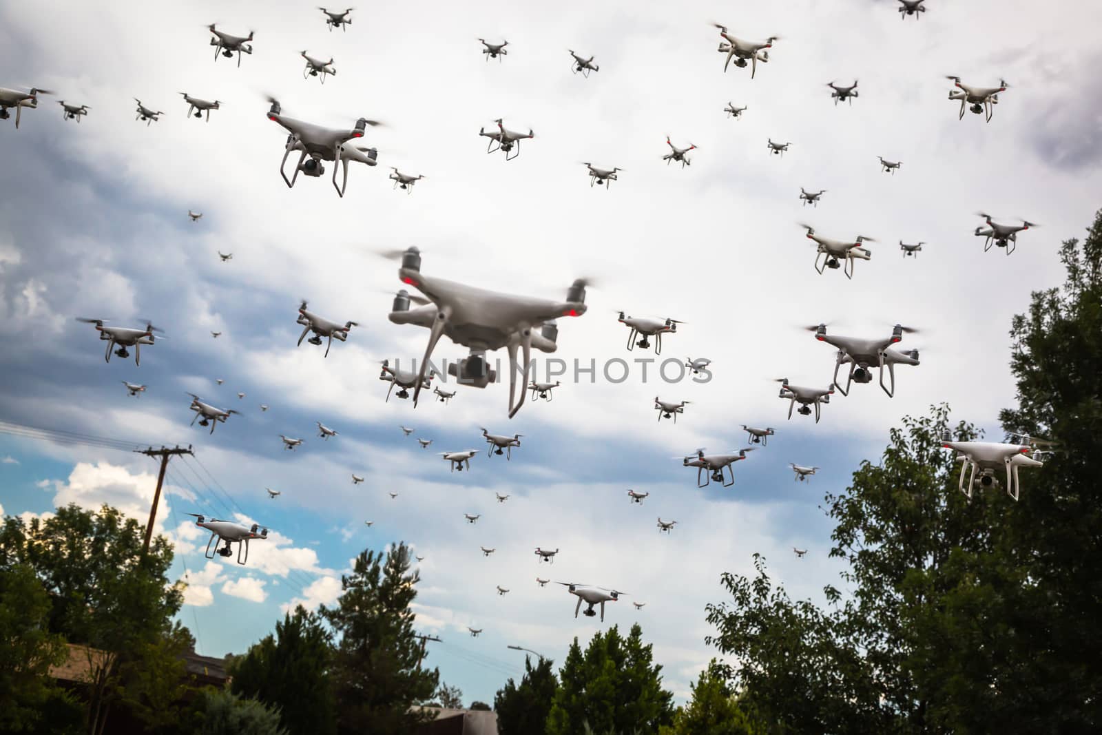 Dozens of Drones Swarm in the Cloudy Sky. by Feverpitched