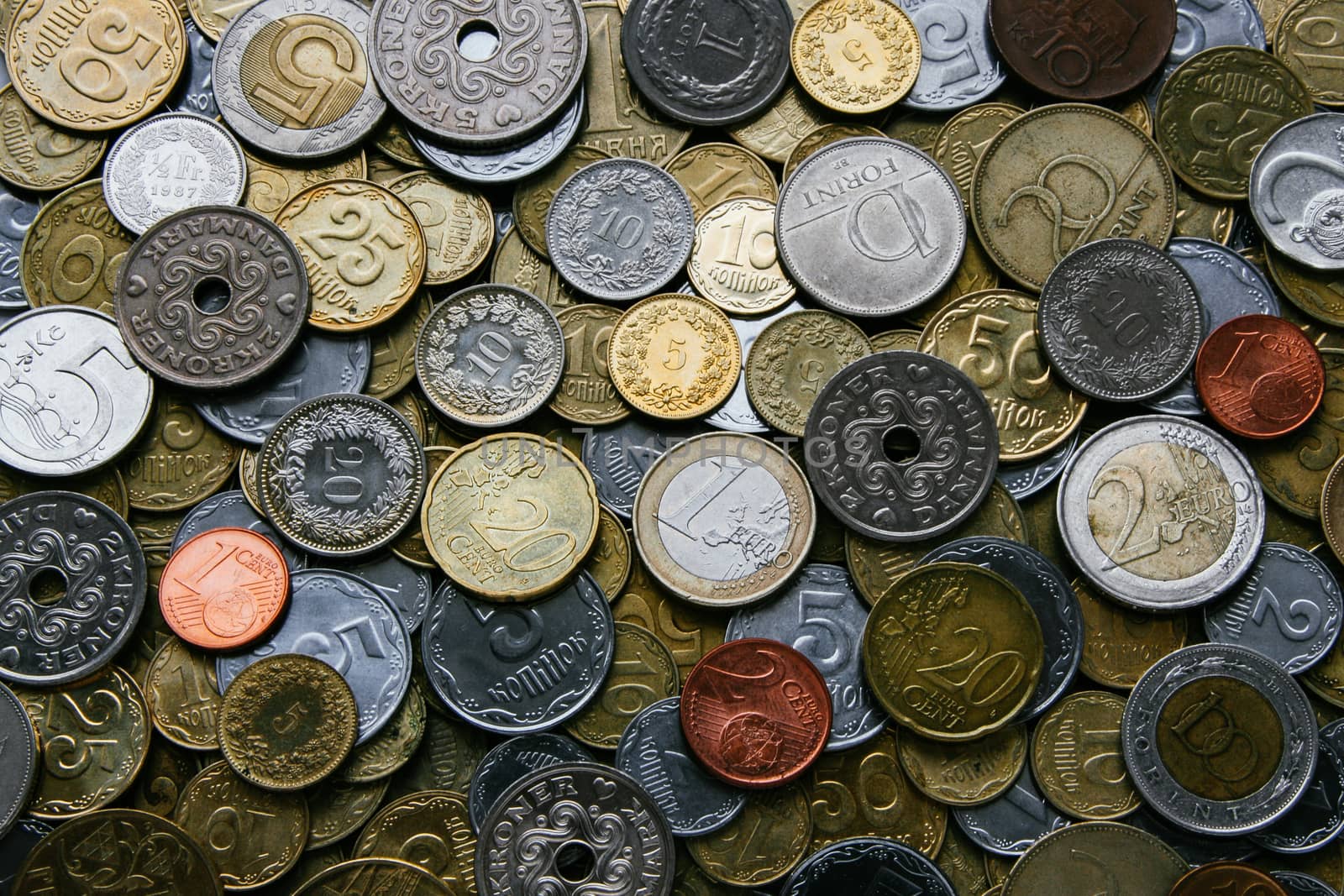 Background of different European coins of different denominations