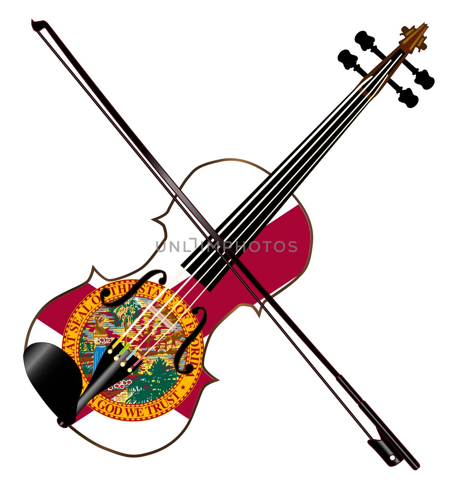 A typical violin with Florida flag and bow isolated over a white background