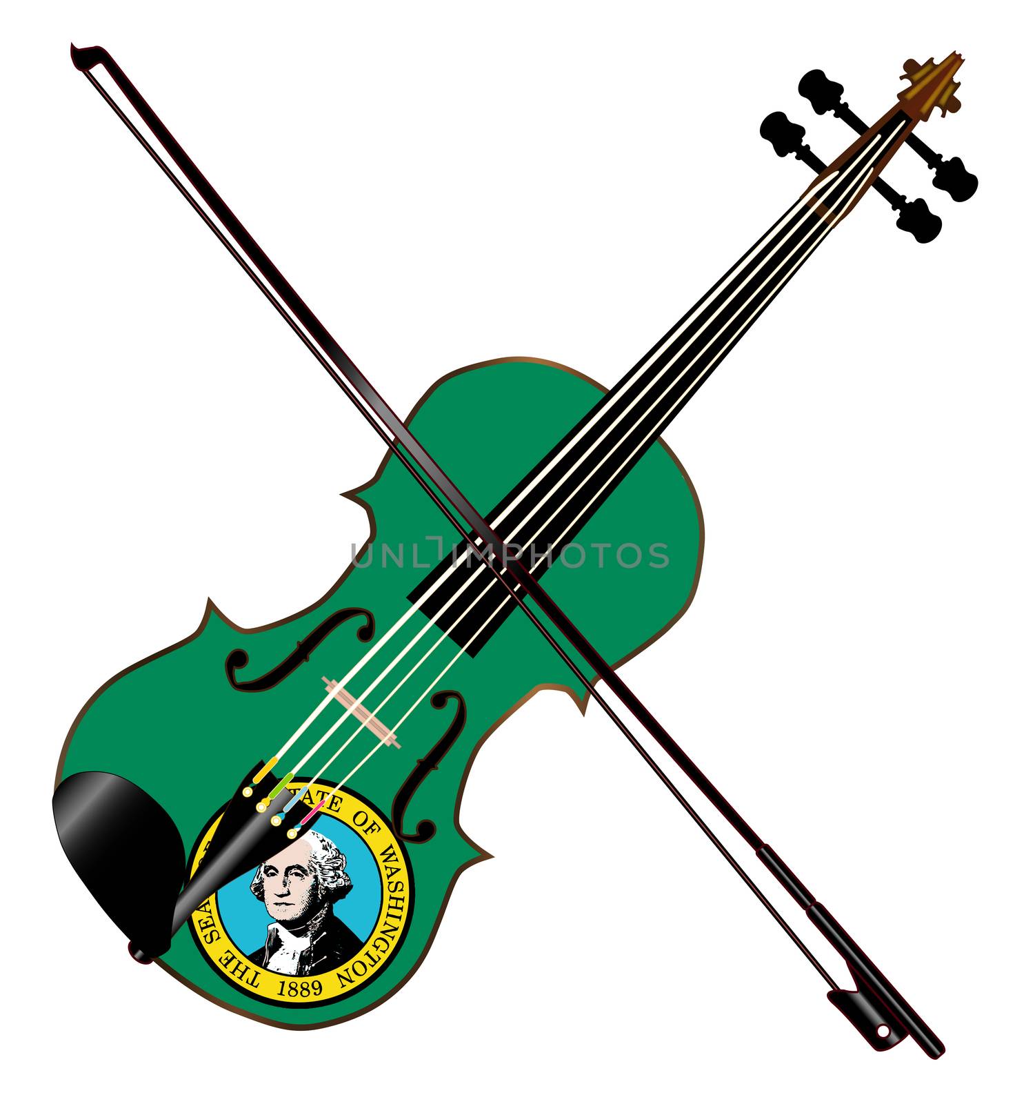 A typical violin with Washington state flag and bow isolated over a white background