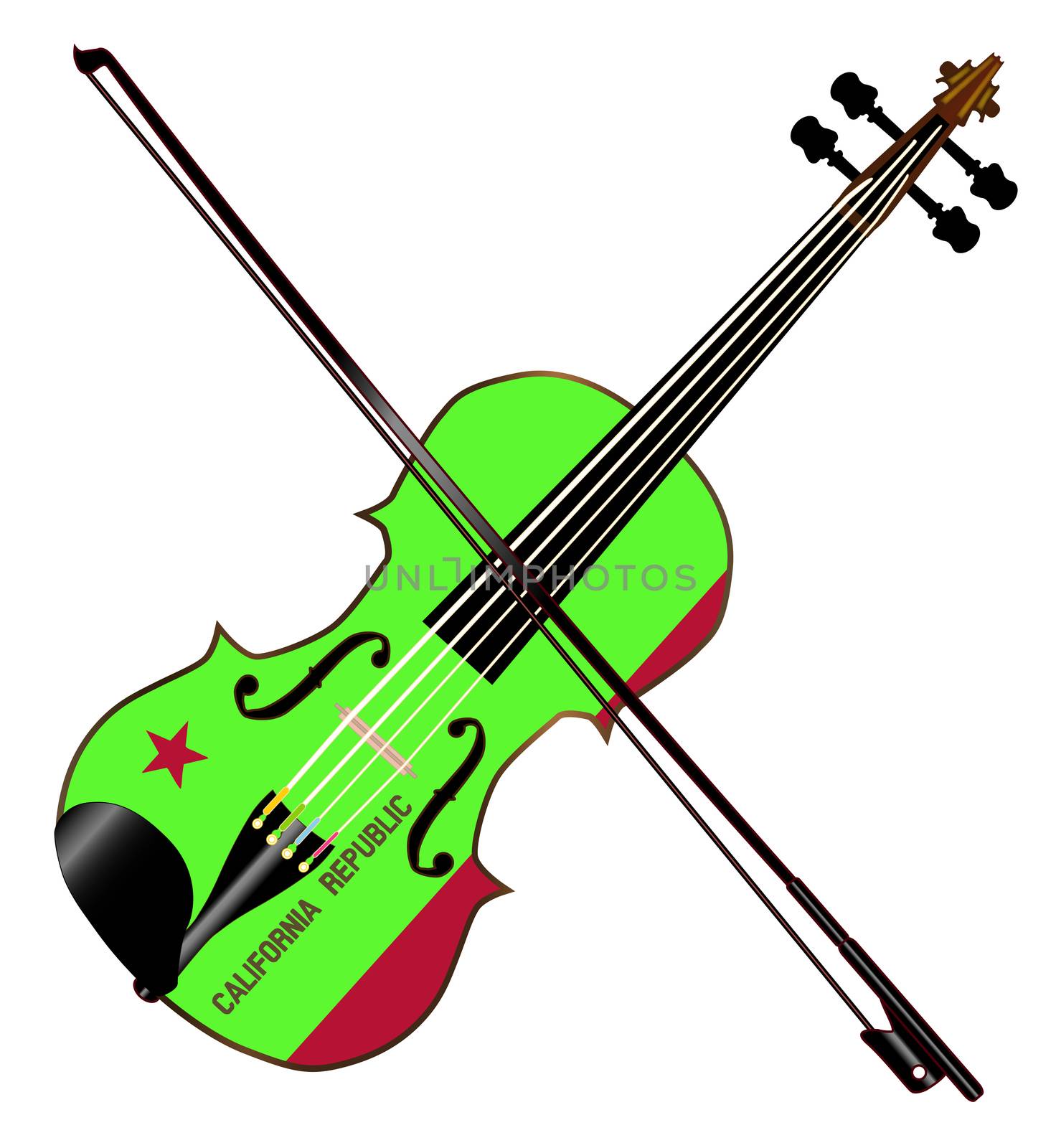 A typical violin with California state flag and bow isolated over a white background