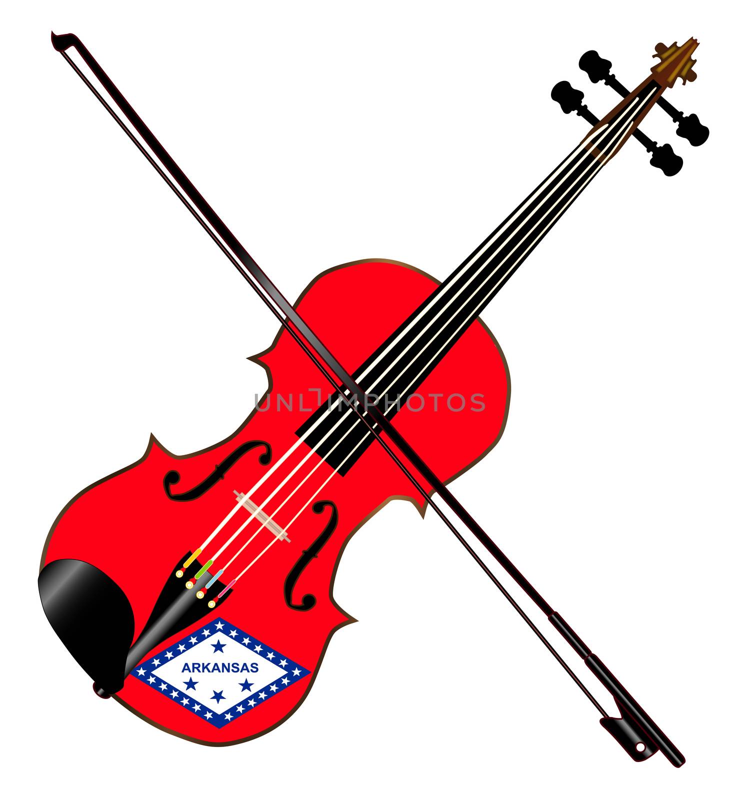 A typical violin with Arkansas state flag and bow isolated over a white background