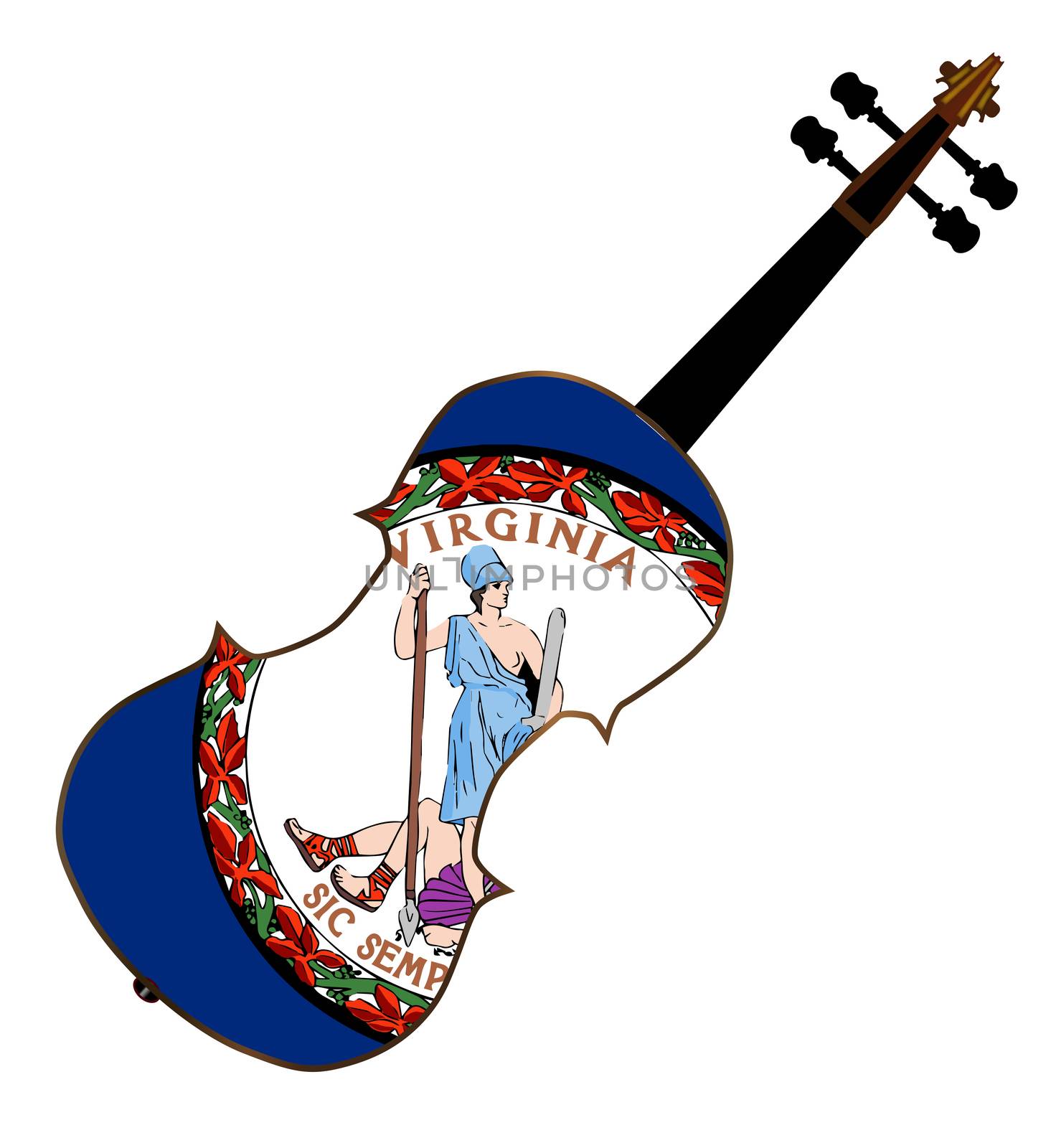 A typical violin with Virginia state flag isolated over a white background