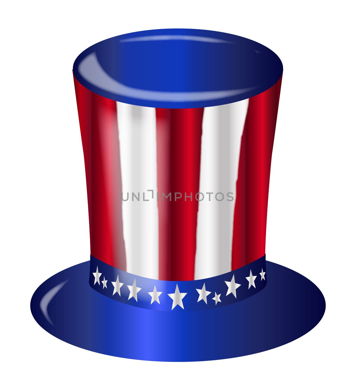 A top hat with a star spangled banner colors and stars over a white background