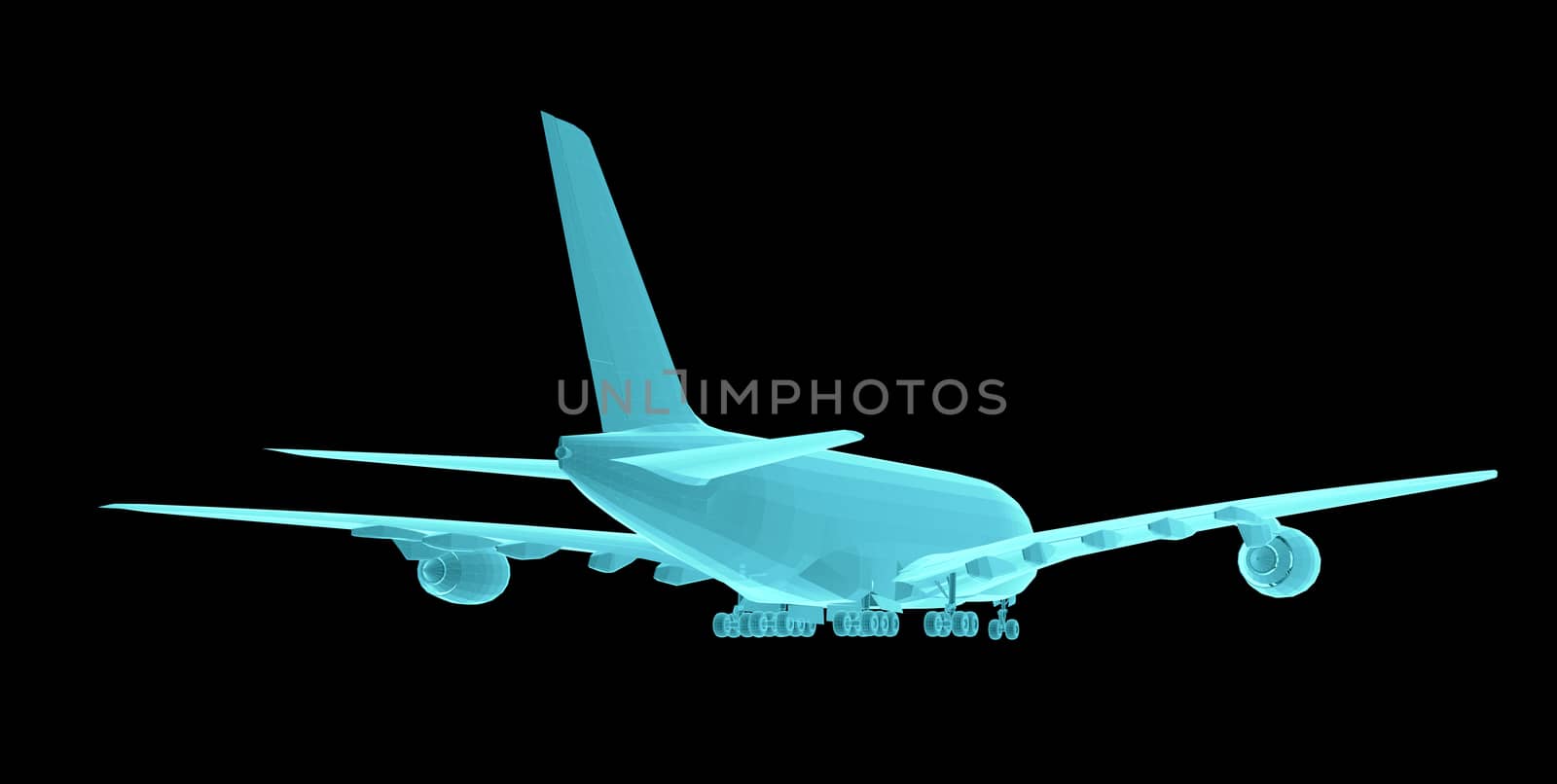 Airplane. Xray image isolated on black. 3d illustration