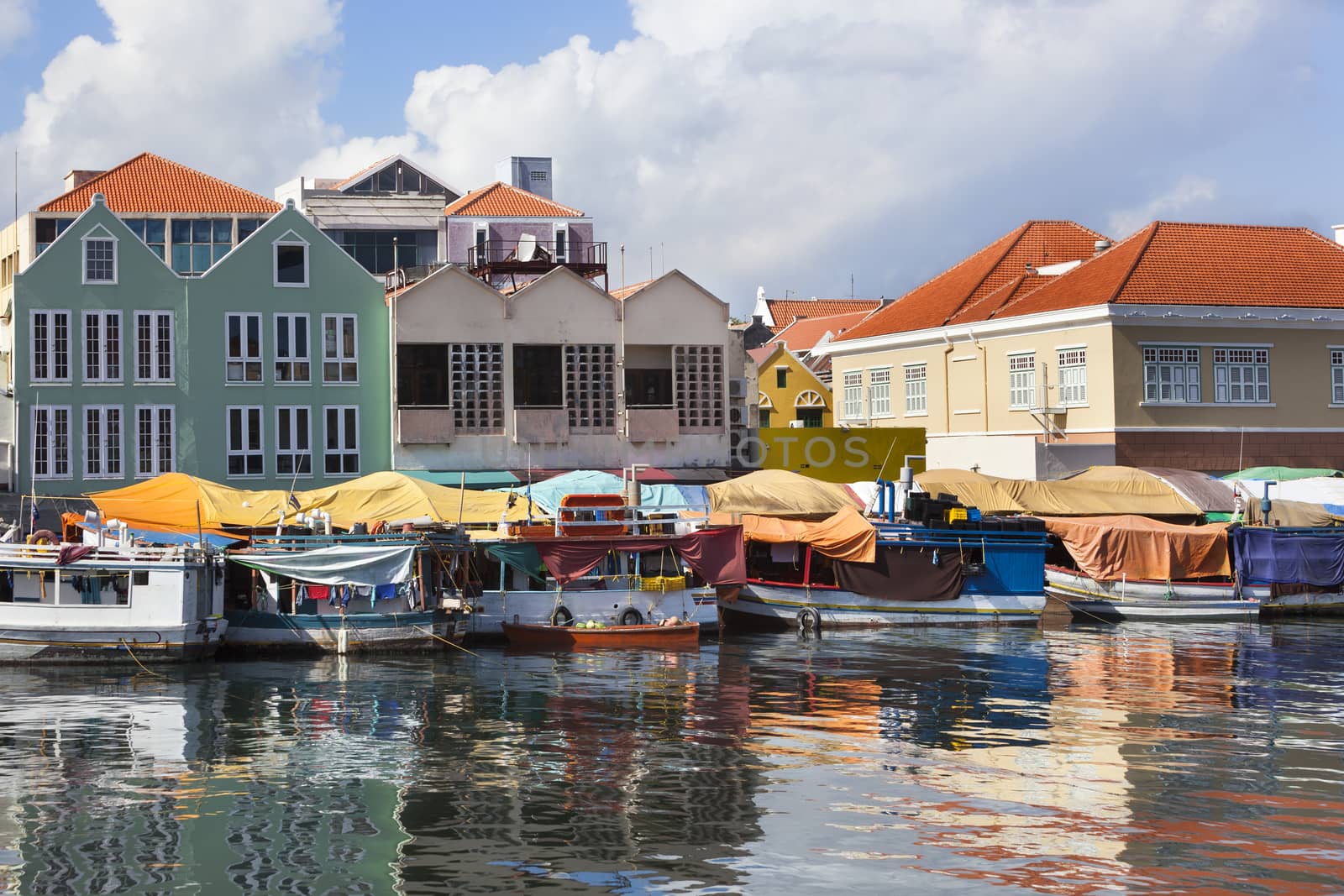 Colorful floating fruit market in Willemstad on Curacao