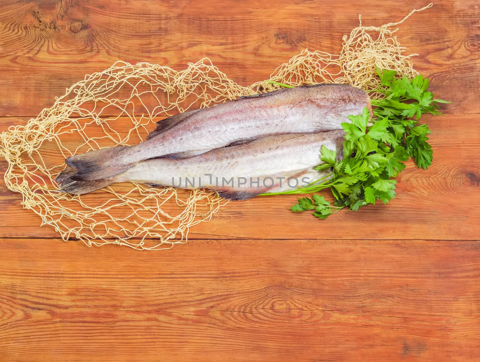 Two uncooked carcasses of the red hake without of head and bunch of parsley on the fishing net on a surface of the old wooden planks
