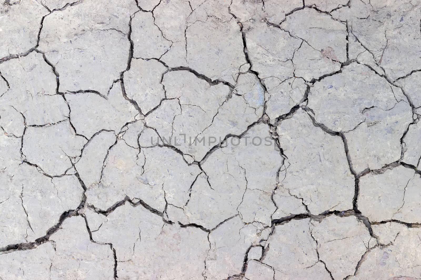 Texture of a fragment of the dirt track with cracks in dried ground during drought closeup
