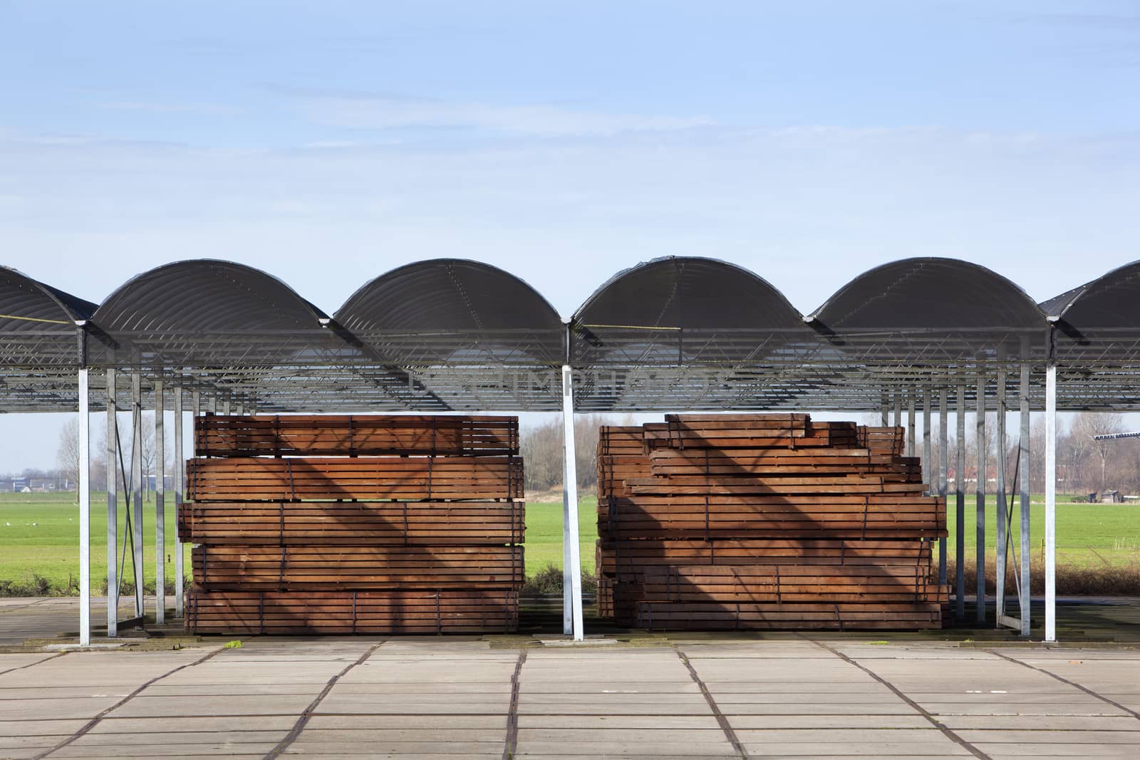 Outdoors industrial storage of piles hardwood under a roof