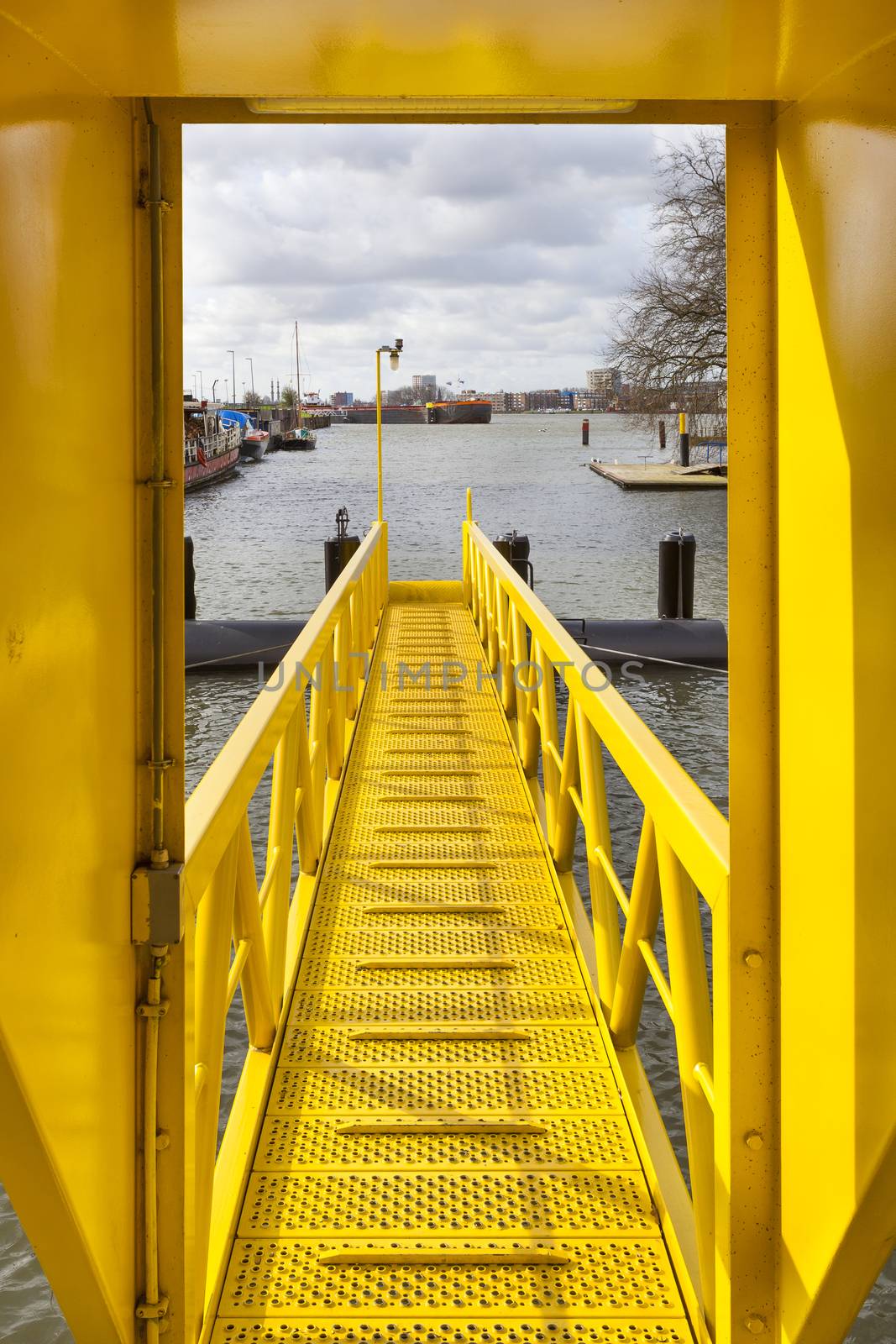 Yellow ship gangway in Rotterdam in the Netherlands