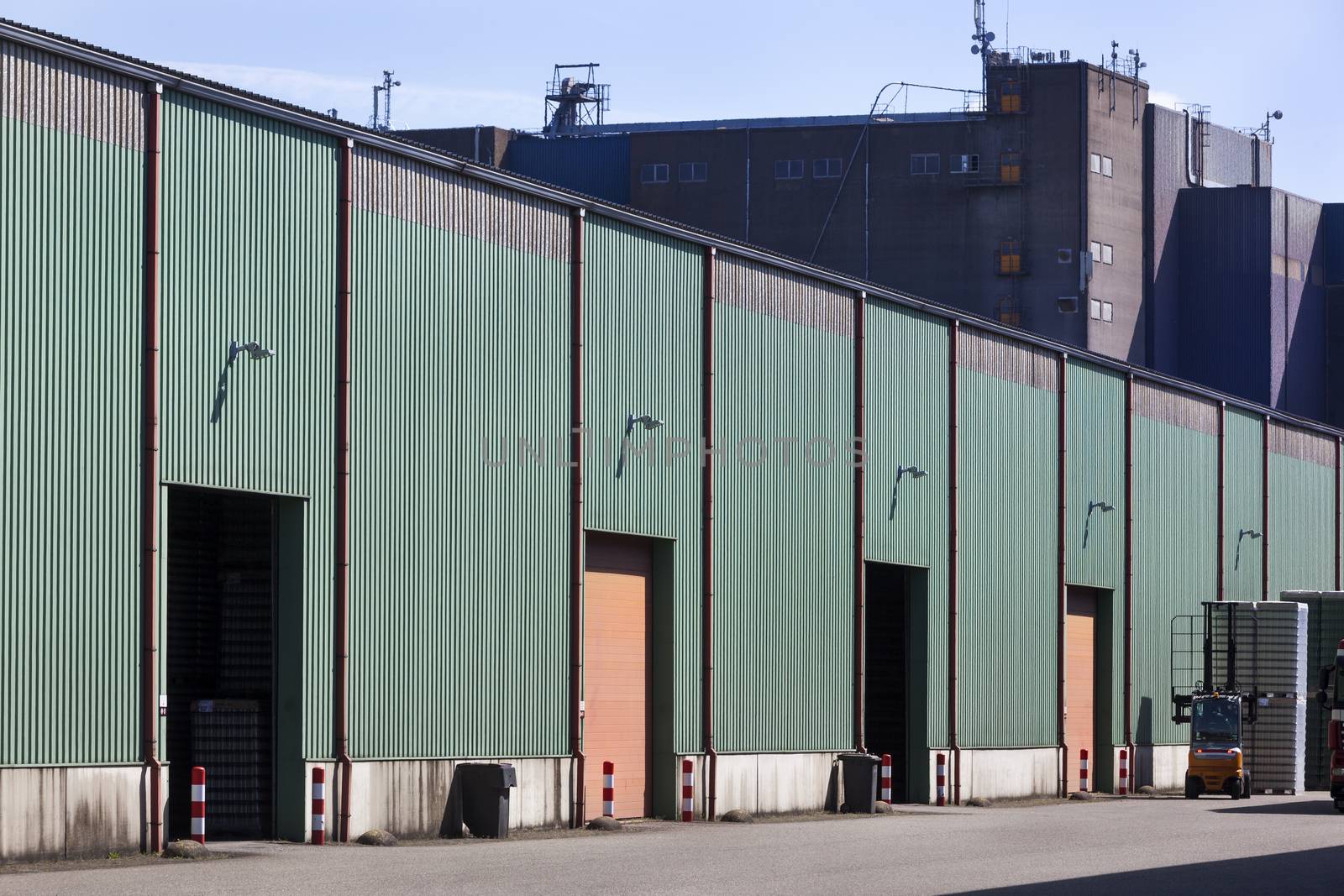 Old green corrugated iron warehouse in the Netherlands
