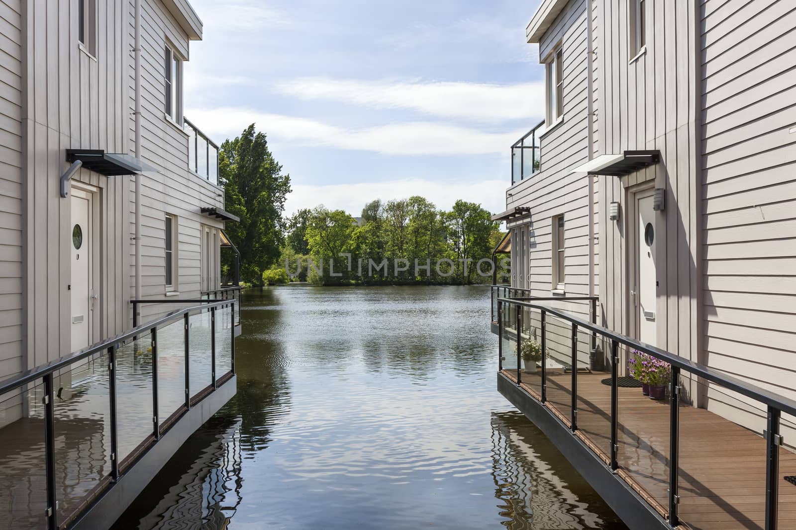 Houses built on piles in the water in the Netherlands
