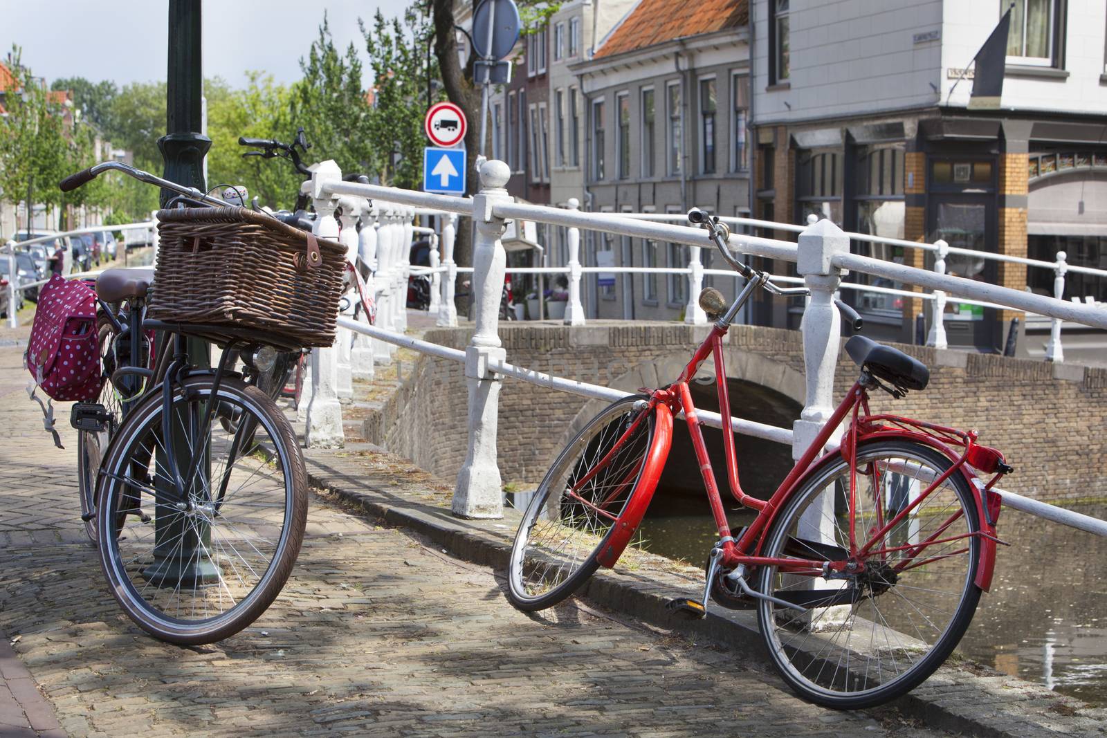 Bicycles near a canal in Delft in the Netherlands