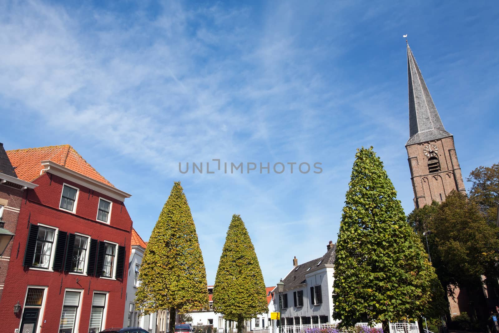 Village view with church in the Netherlands