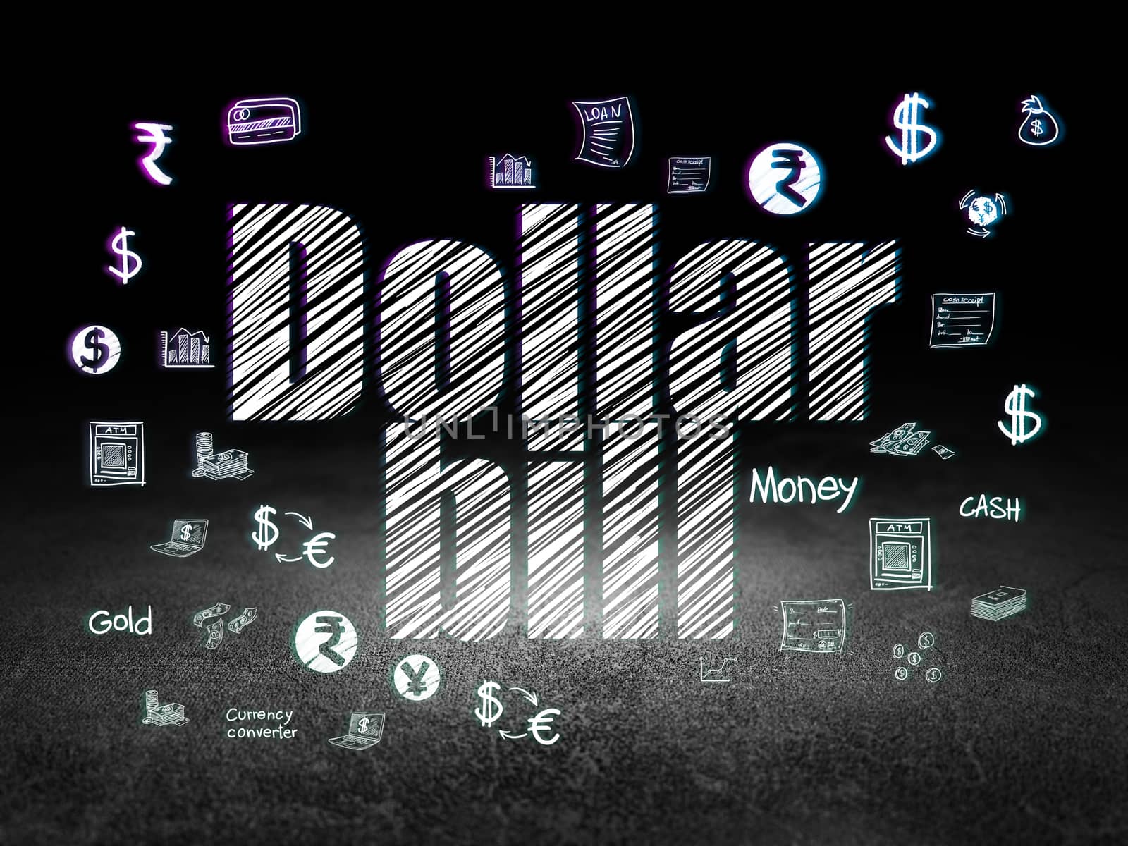 Banking concept: Glowing text Dollar Bill,  Hand Drawn Finance Icons in grunge dark room with Dirty Floor, black background