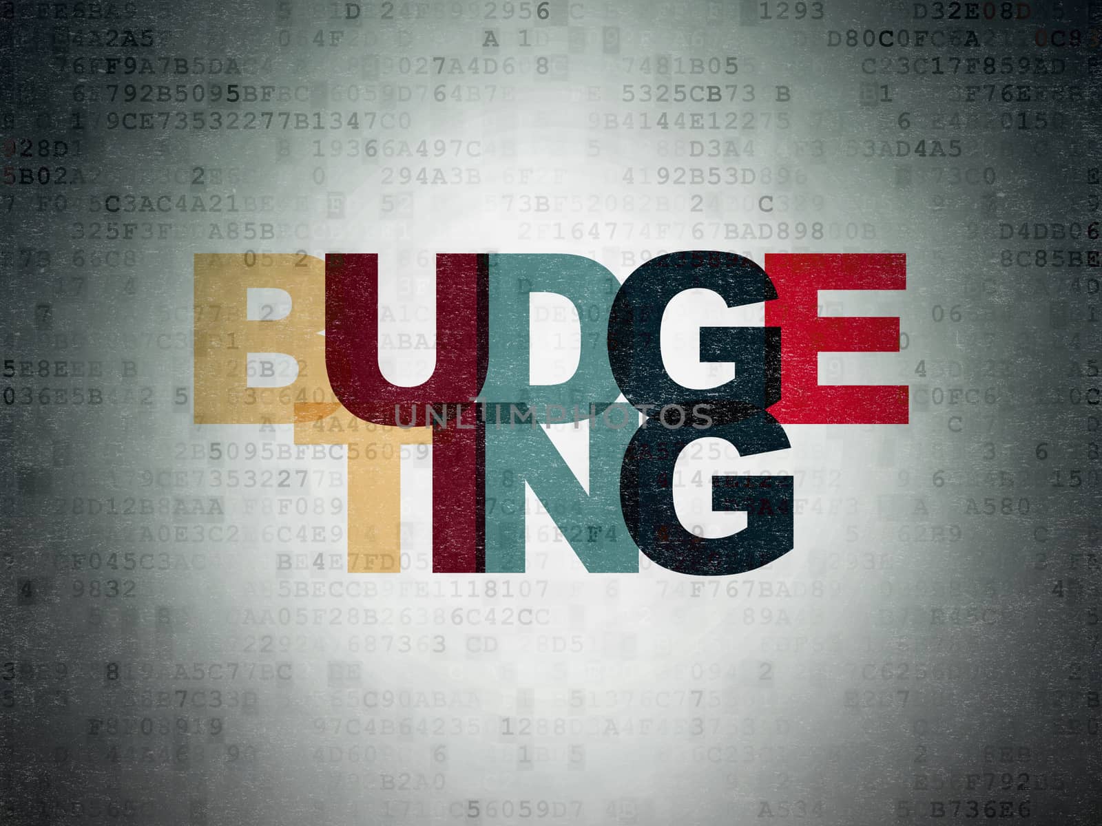 Finance concept: Painted multicolor text Budgeting on Digital Data Paper background