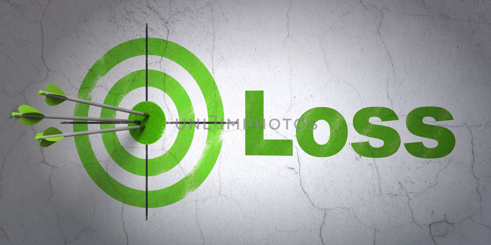 Success business concept: arrows hitting the center of target, Green Loss on wall background, 3D rendering