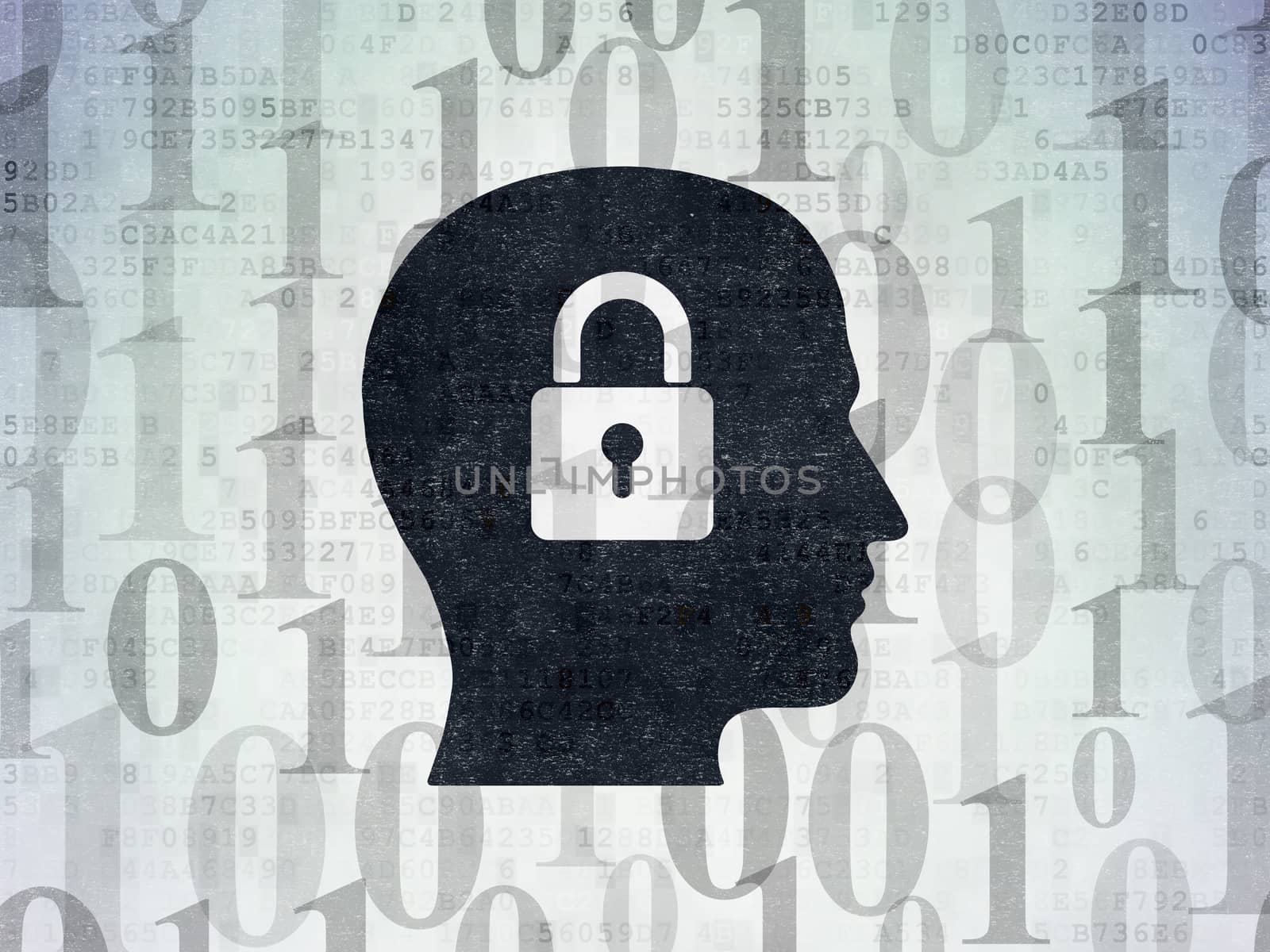 Business concept: Painted black Head With Padlock icon on Digital Data Paper background with  Binary Code