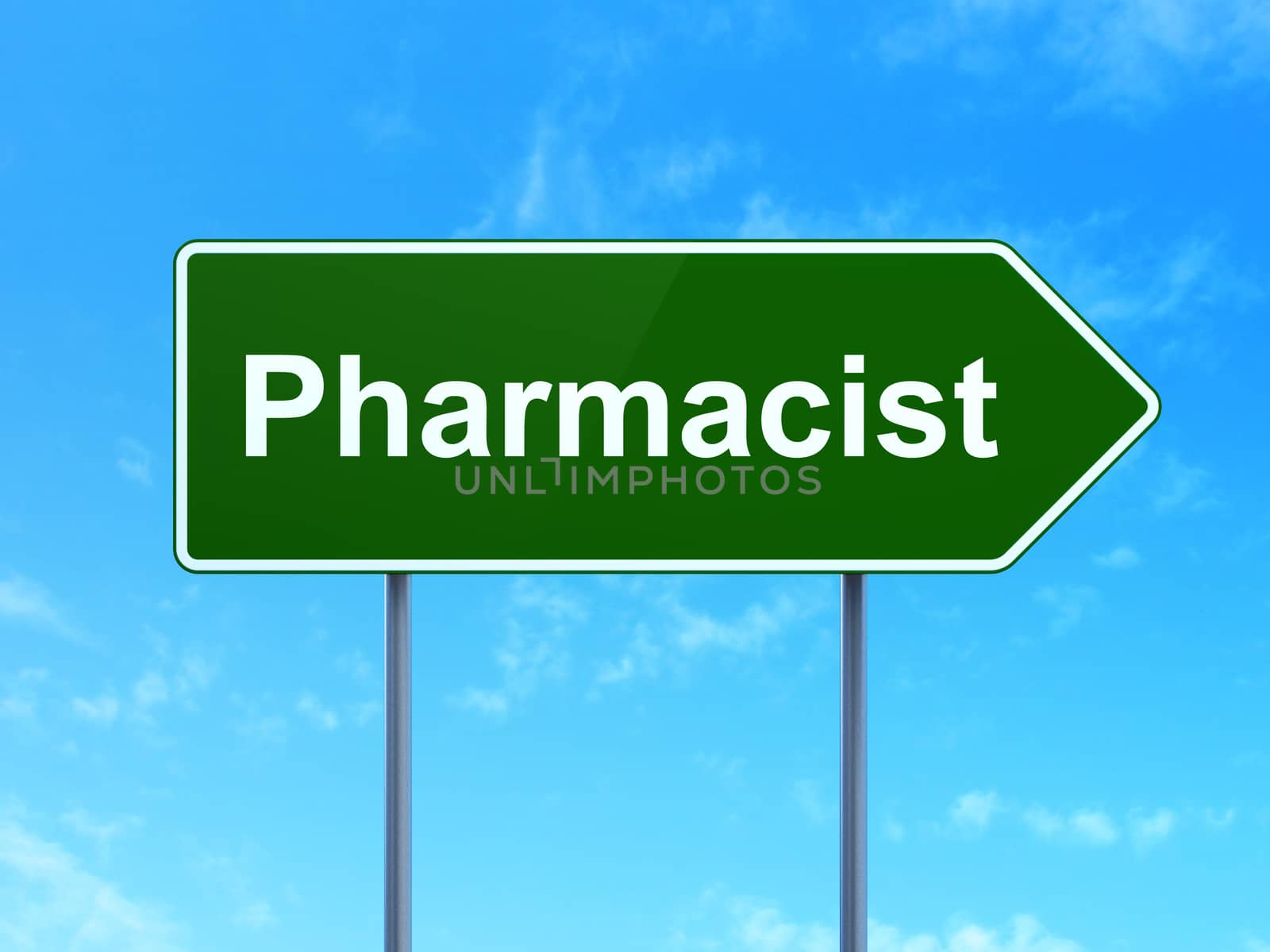 Medicine concept: Pharmacist on green road highway sign, clear blue sky background, 3D rendering