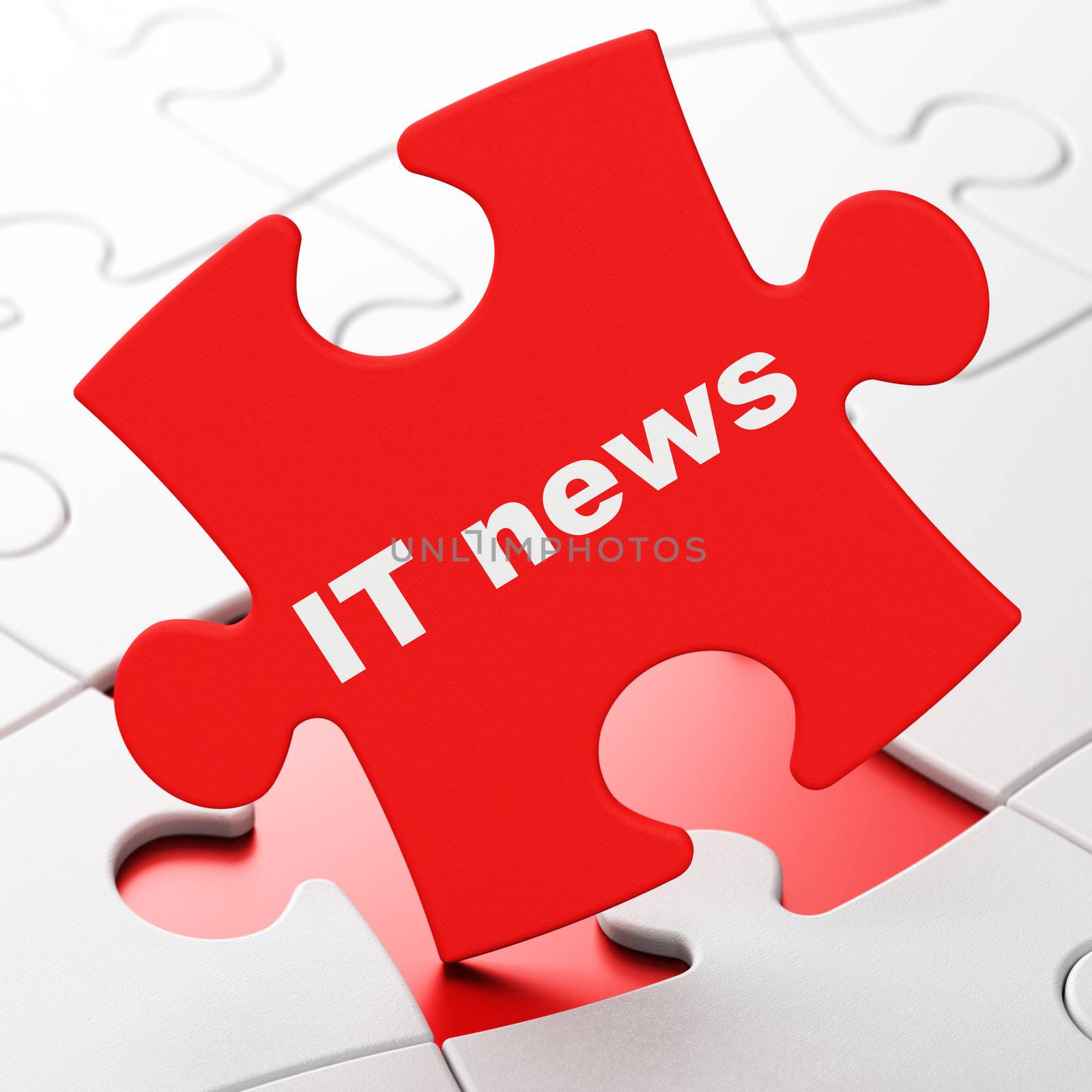 News concept: IT News on Red puzzle pieces background, 3D rendering