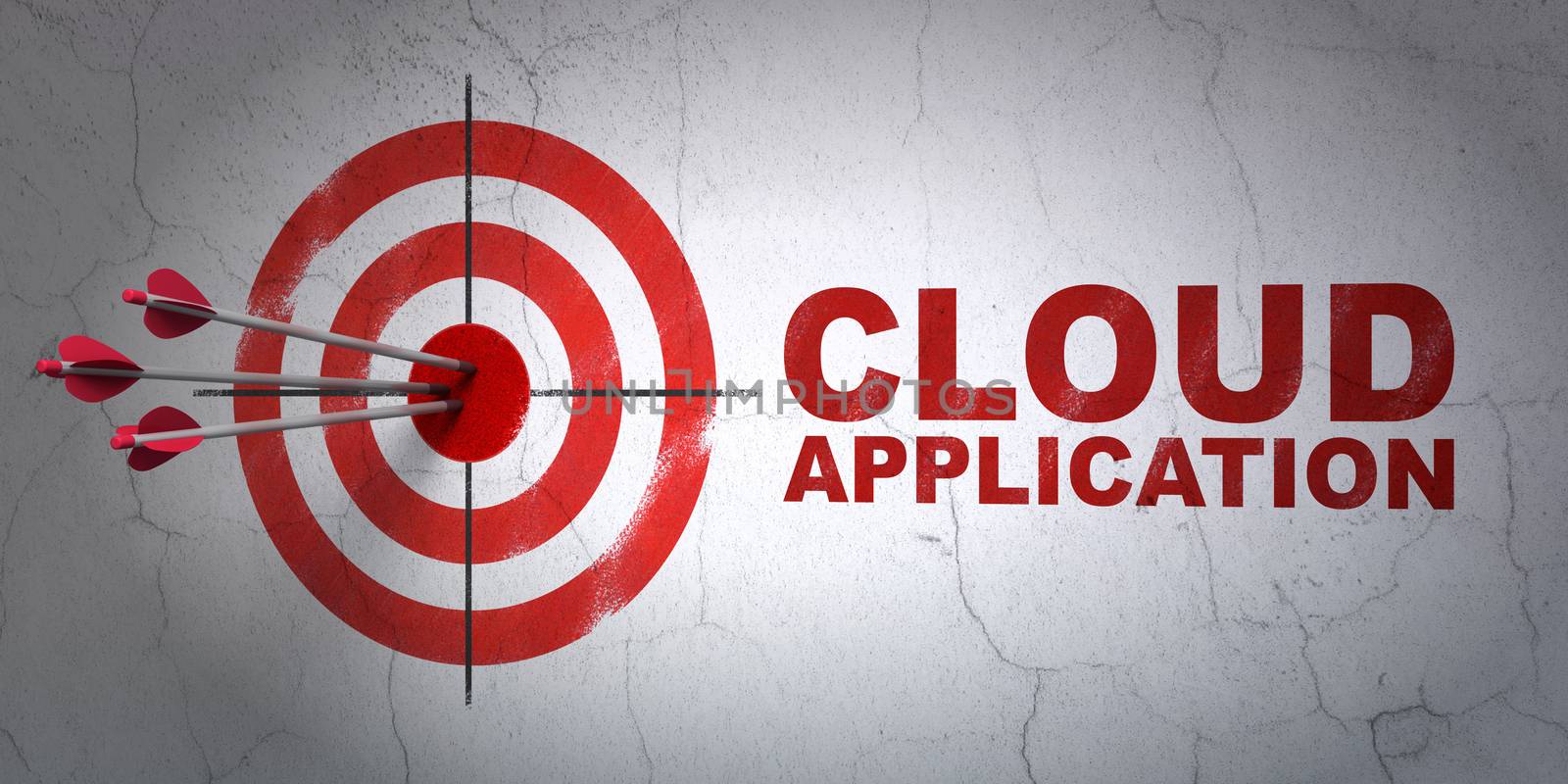 Success cloud computing concept: arrows hitting the center of target, Red Cloud Application on wall background, 3D rendering