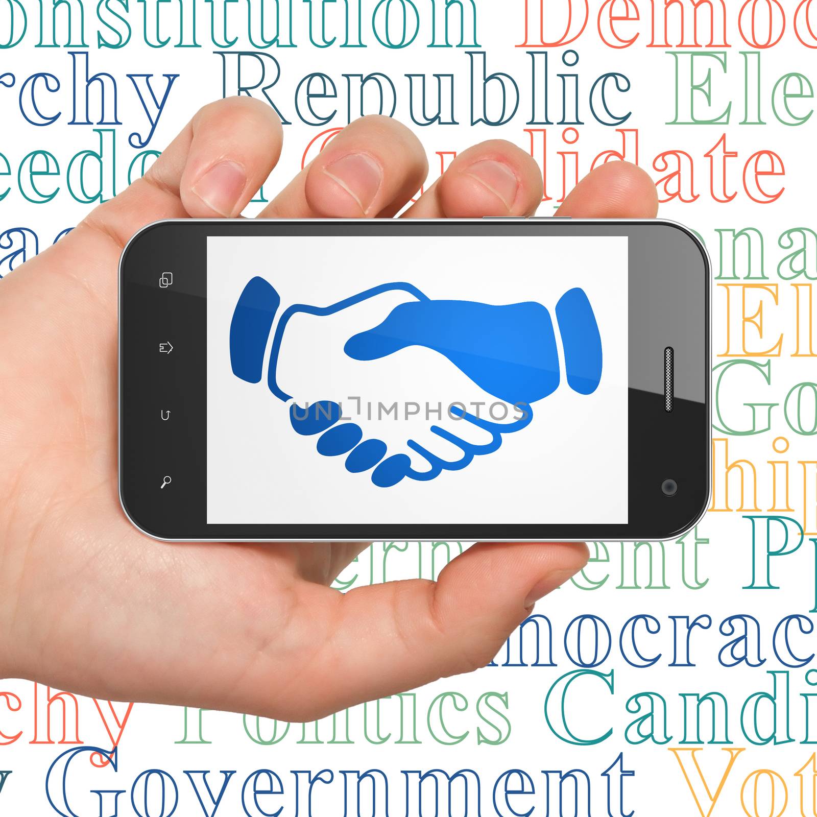 Politics concept: Hand Holding Smartphone with  blue Handshake icon on display,  Tag Cloud background, 3D rendering