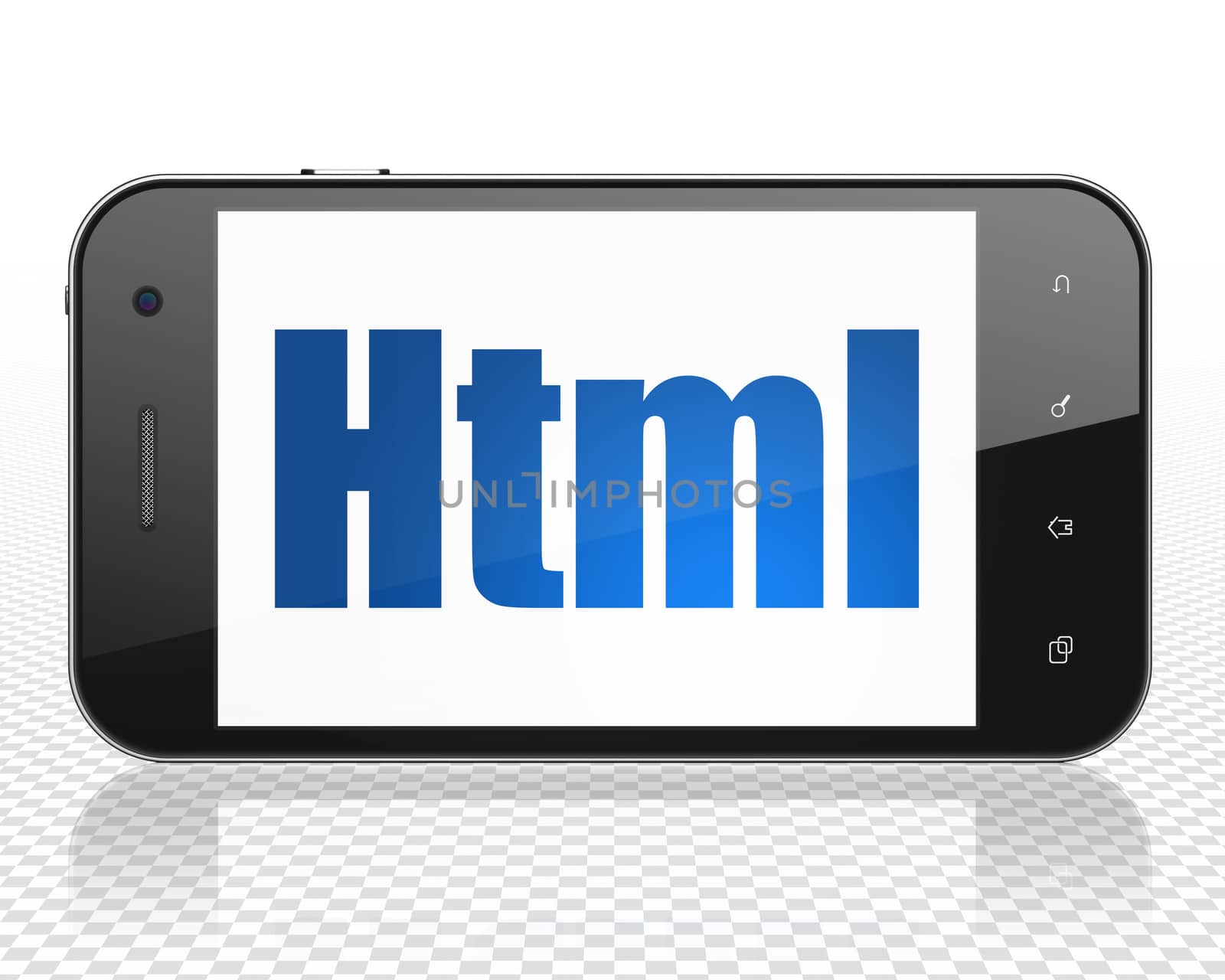 Database concept: Smartphone with blue text Html on display, 3D rendering