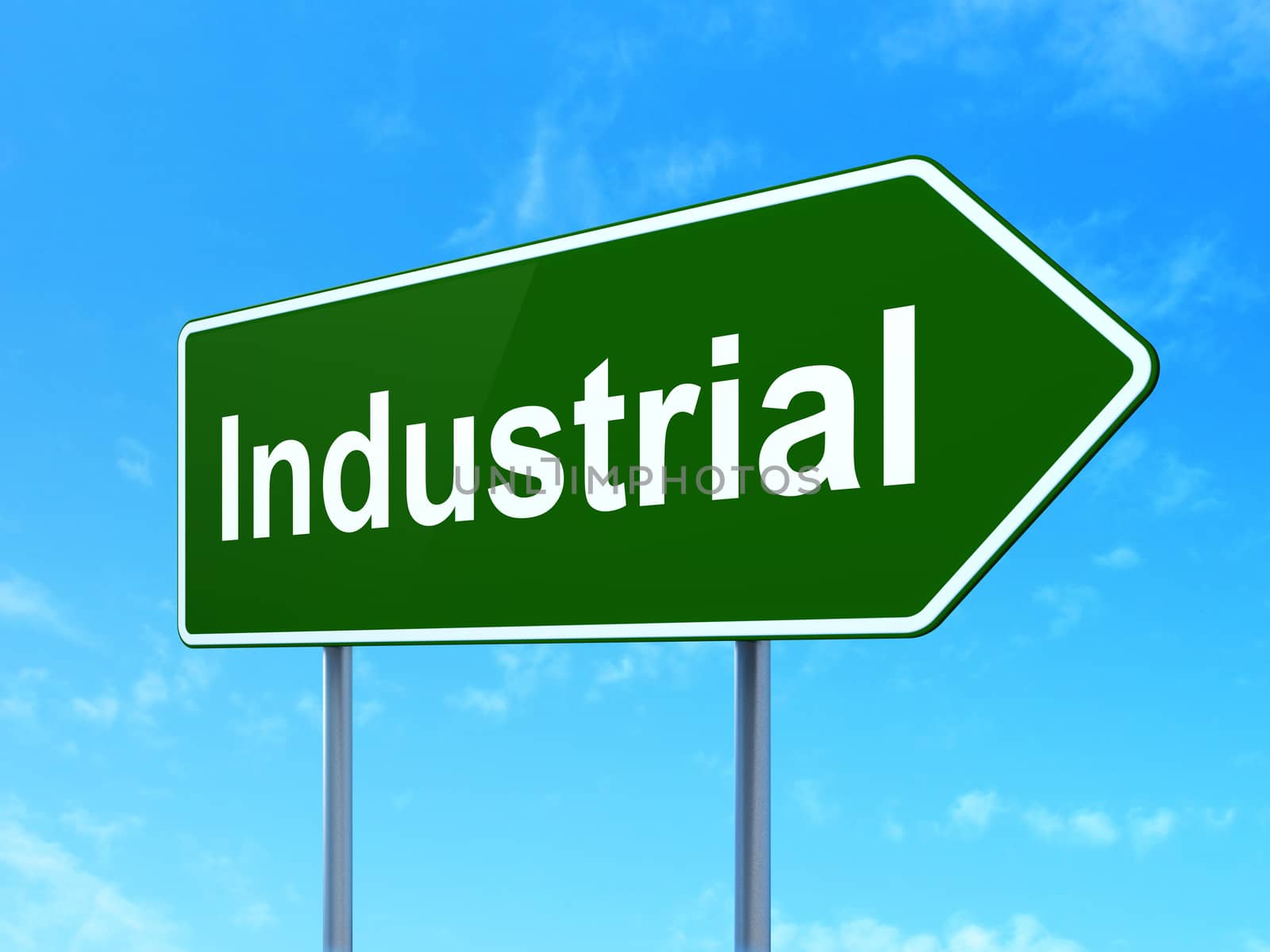 Manufacuring concept: Industrial on green road highway sign, clear blue sky background, 3D rendering