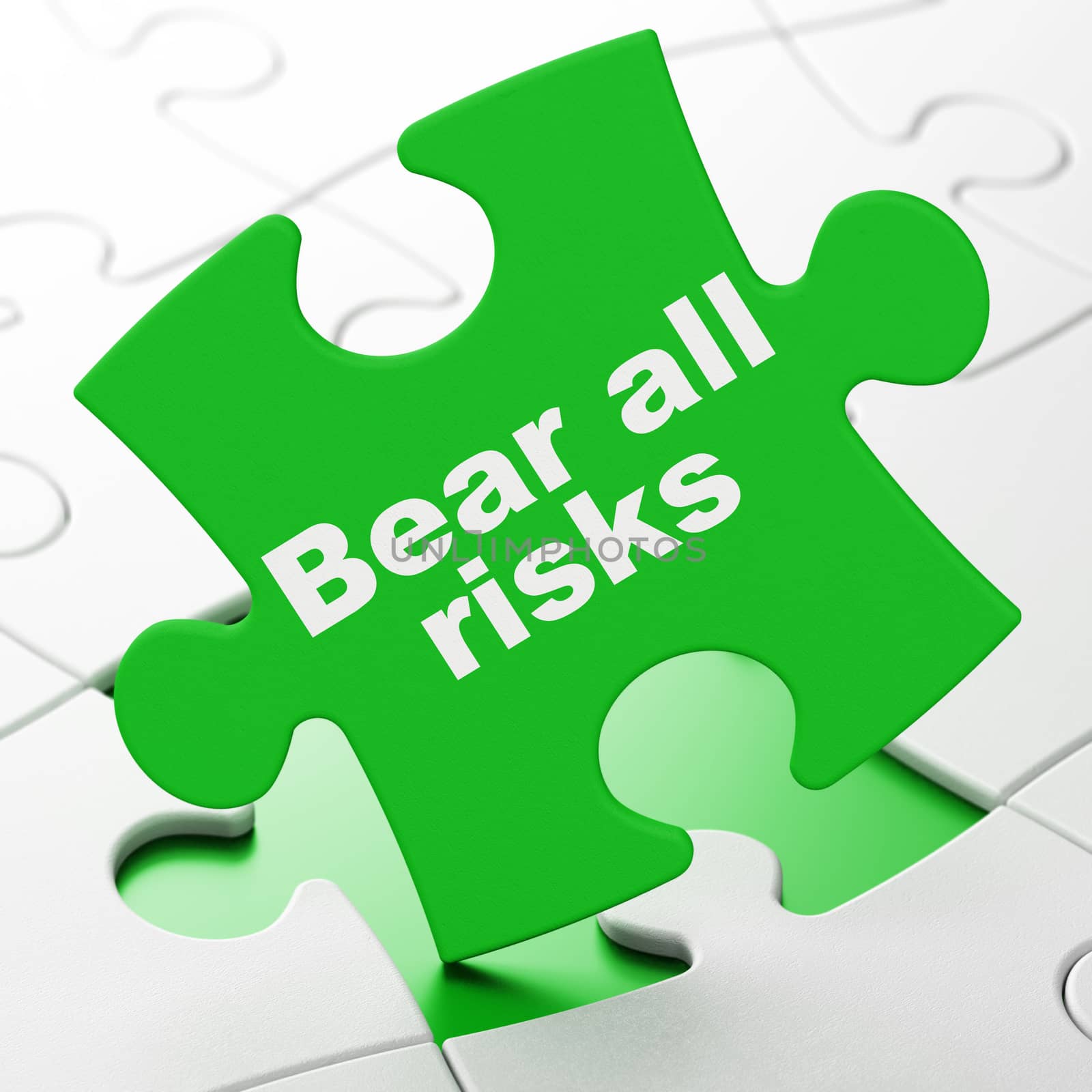 Insurance concept: Bear All Risks on Green puzzle pieces background, 3D rendering