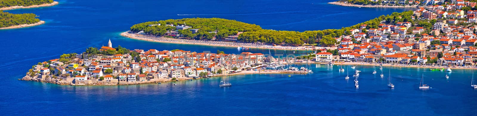 Adriatic tourist destination of Primosten aerial panoramic archipelago view, Dalmatia, Croatia