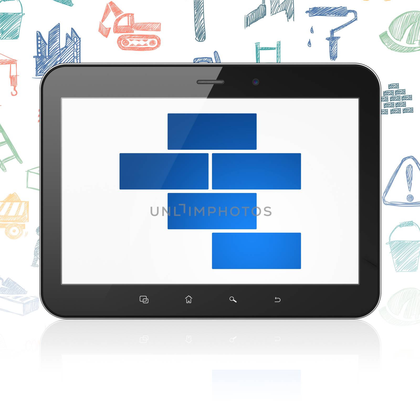 Construction concept: Tablet Computer with  blue Bricks icon on display,  Hand Drawn Building Icons background, 3D rendering