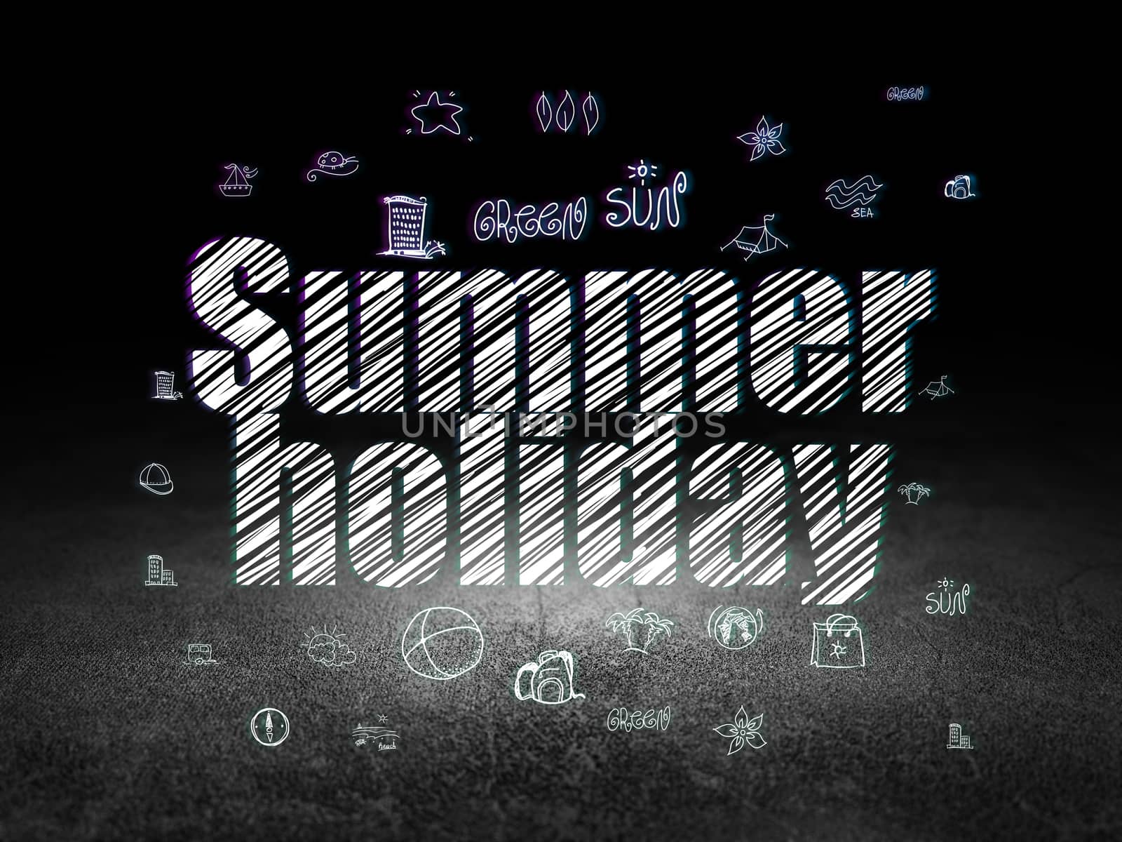 Travel concept: Glowing text Summer Holiday,  Hand Drawn Vacation Icons in grunge dark room with Dirty Floor, black background