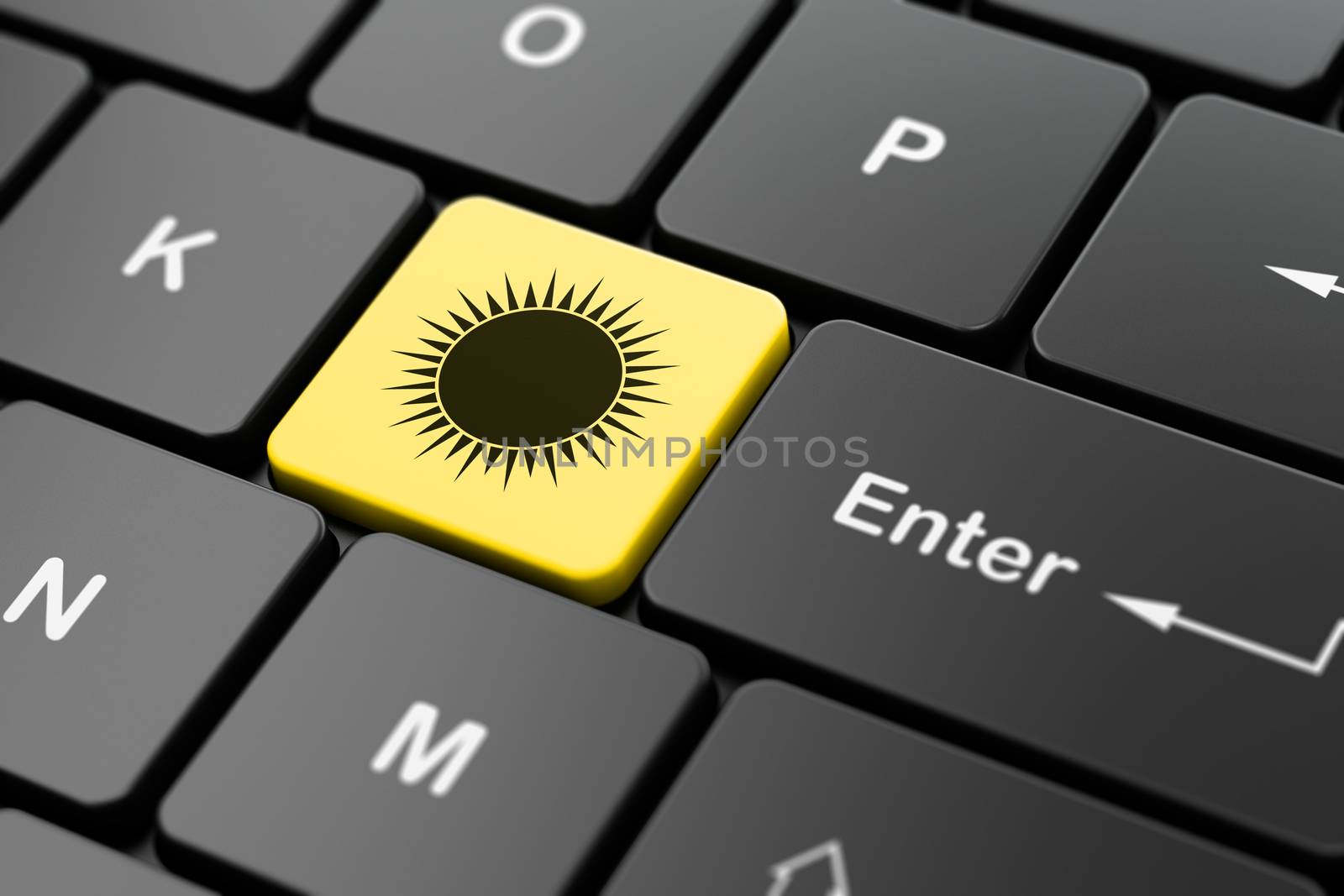 Vacation concept: computer keyboard with Sun icon on enter button background, 3D rendering